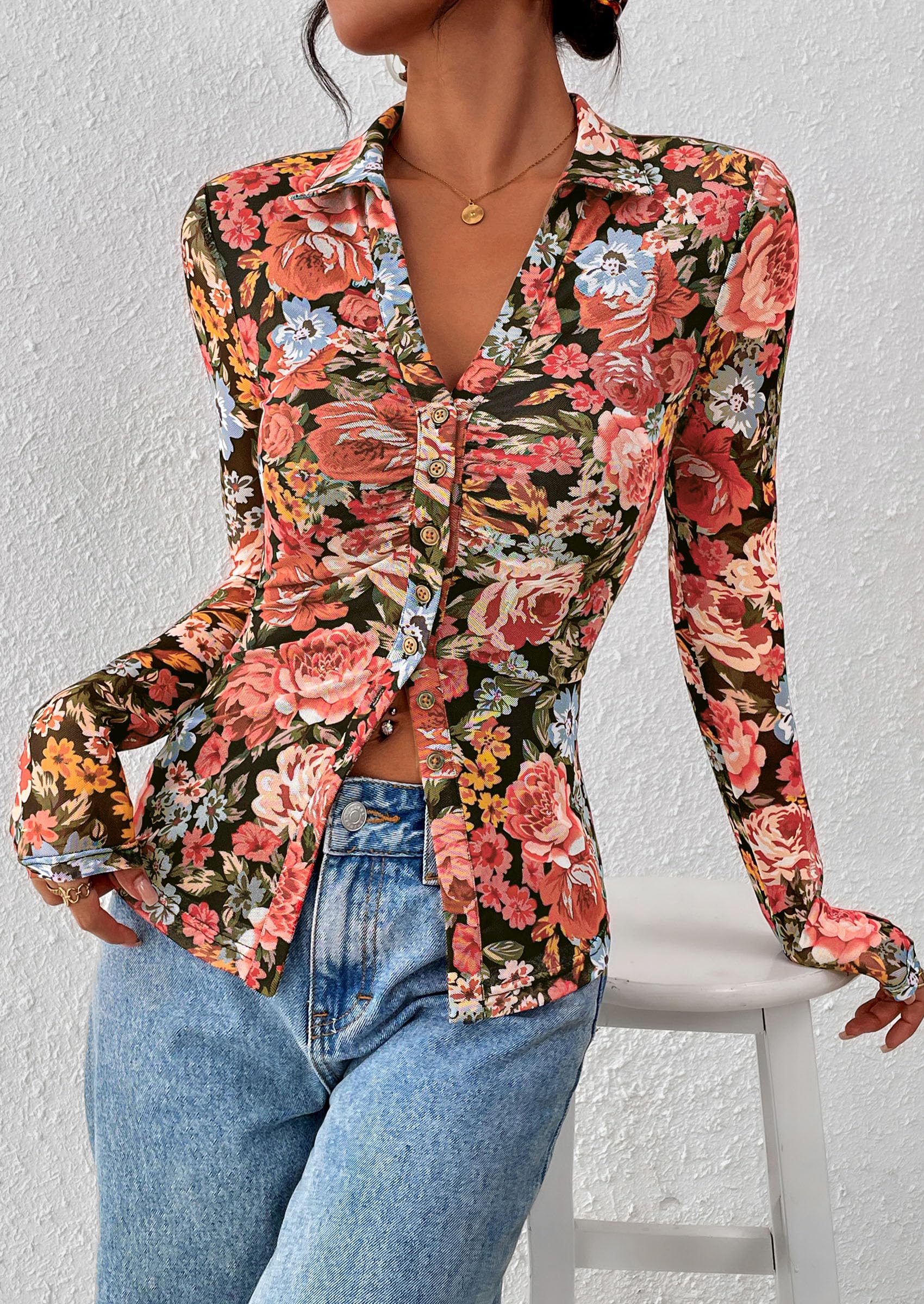 Women's Button Down Shirts Boho Mesh Floral Going Out Tops