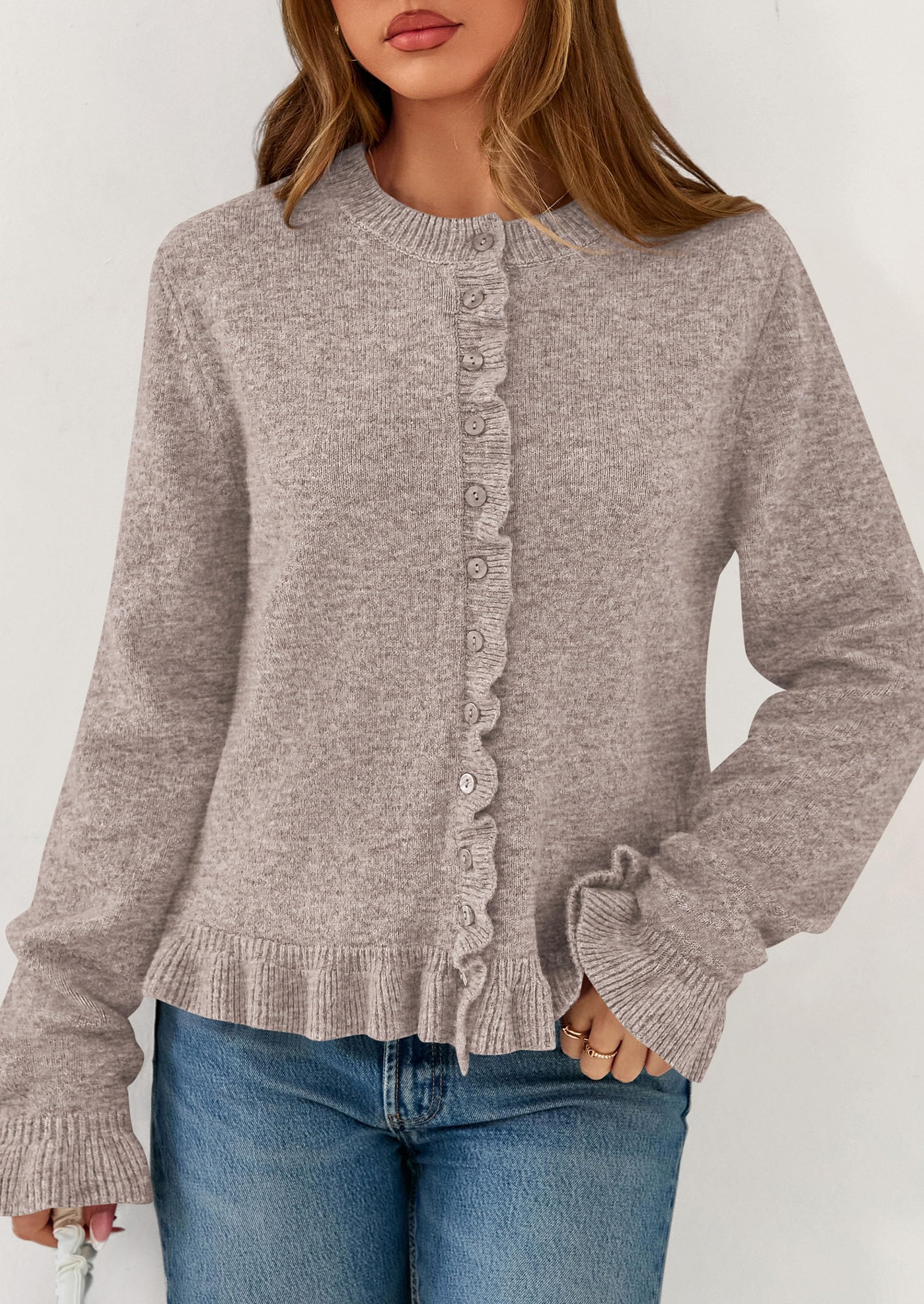 Womens Ruffle Button Down Cardigan Sweaters,Oatmeal,S