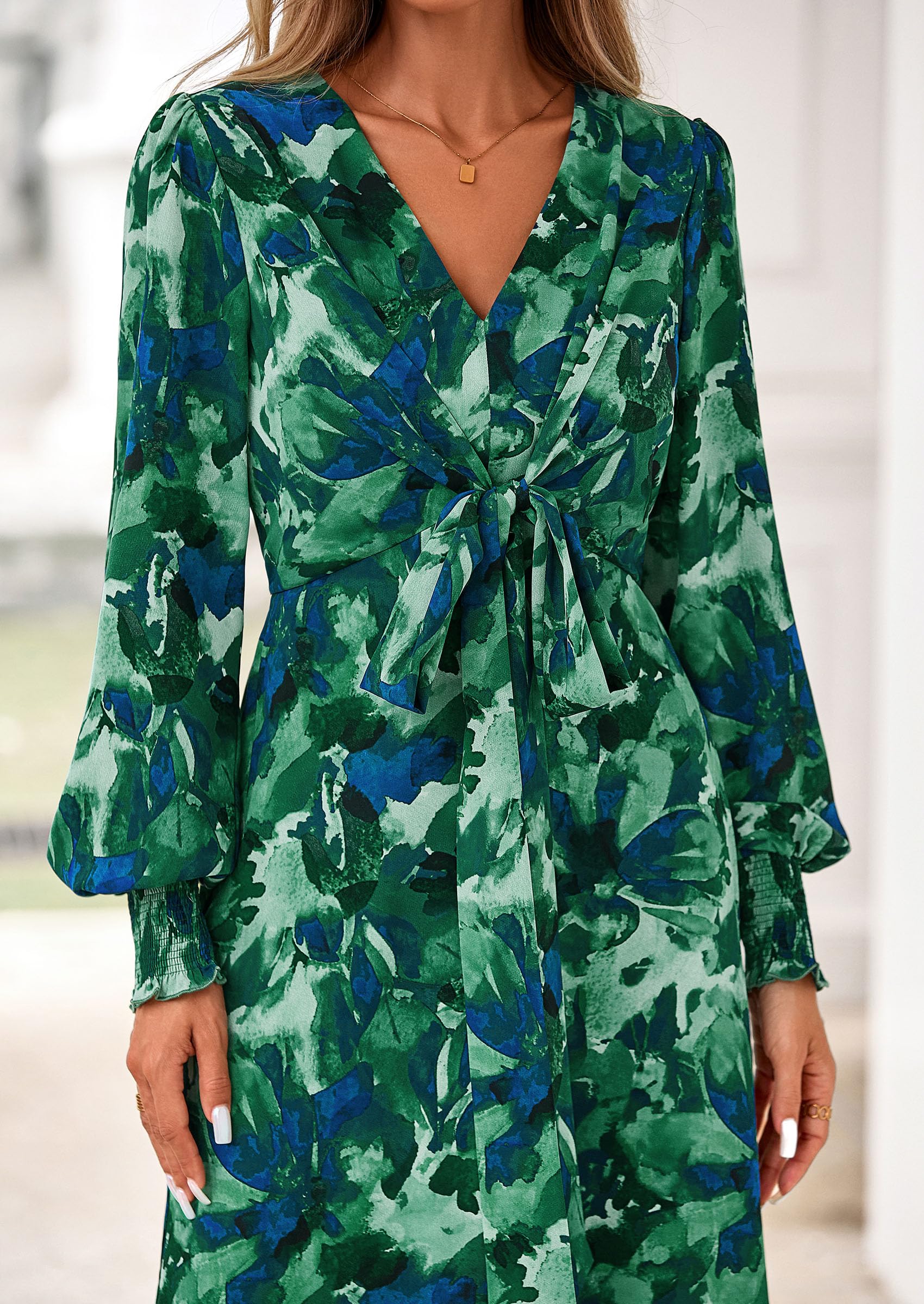 Women's Tie Waist Floral Maxi Dress,Floral Green,XL