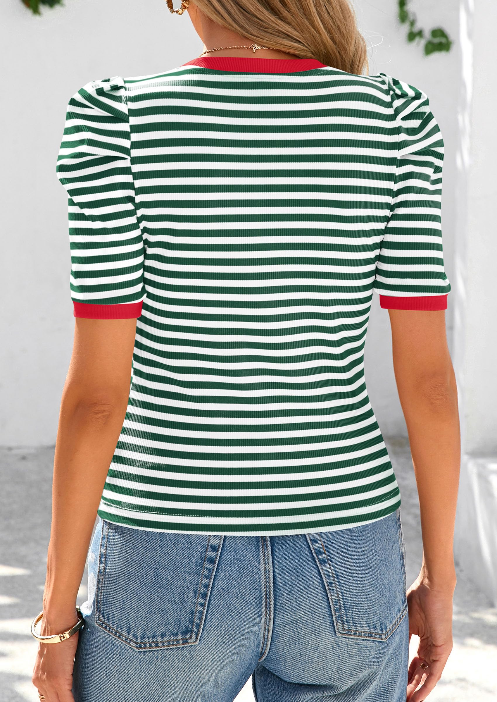Ribbed Puff Short Sleeve Tops for Women Striped Shirt Green,S