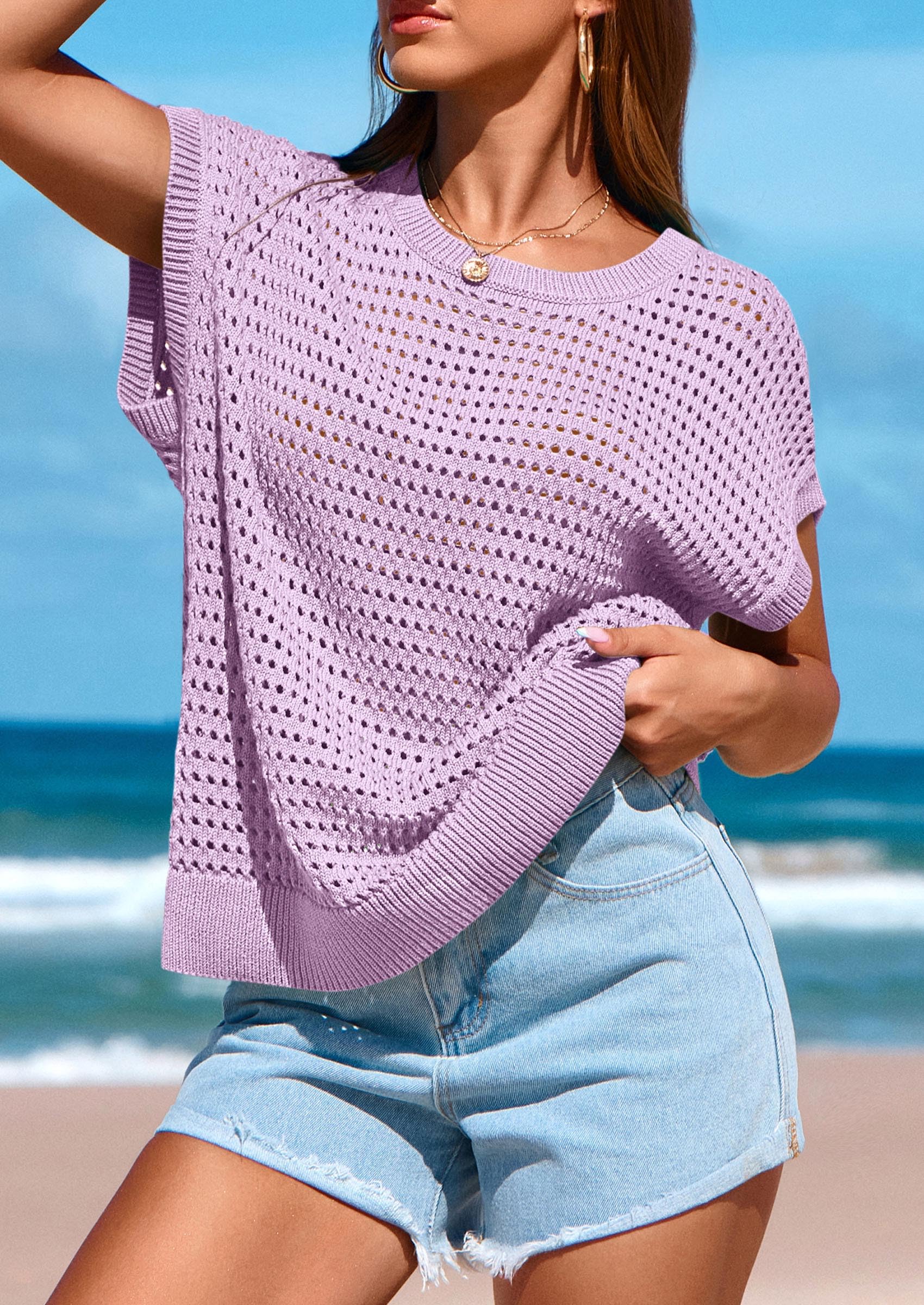 Women's Summer Crochet Cap Sleeve Sweater Tops,Light Purple,S