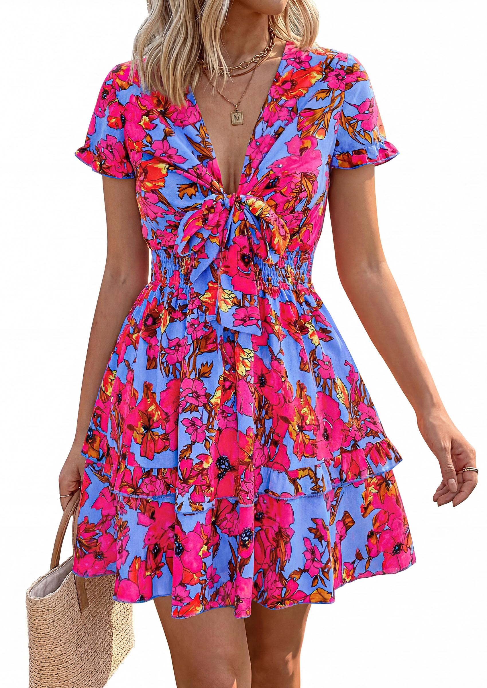 Women's Boho Floral Mini Tiered Bow Dress, Floral Rose Red,S