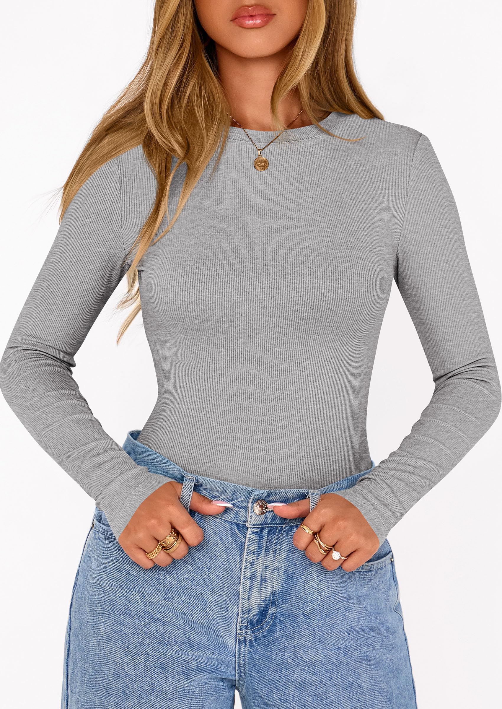 Bodysuits for Women Fall Ribbed Knit Long Sleeve T Shirts