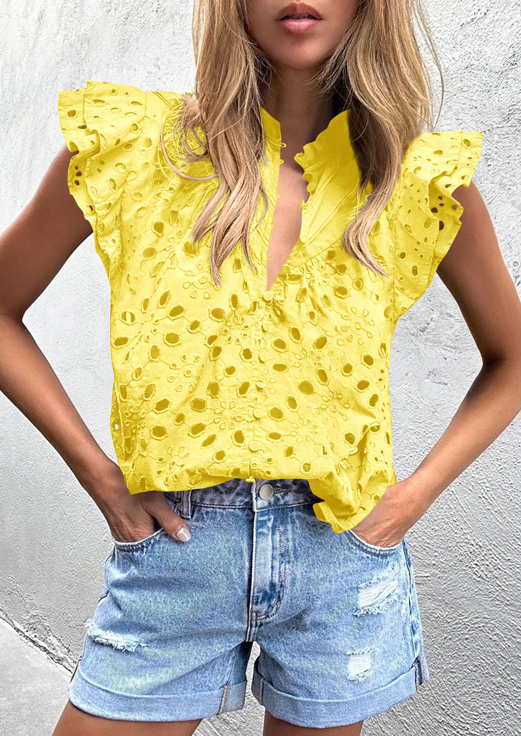 Women's Eyelet V Neck Summer Tops Dressy Casual Yellow,S