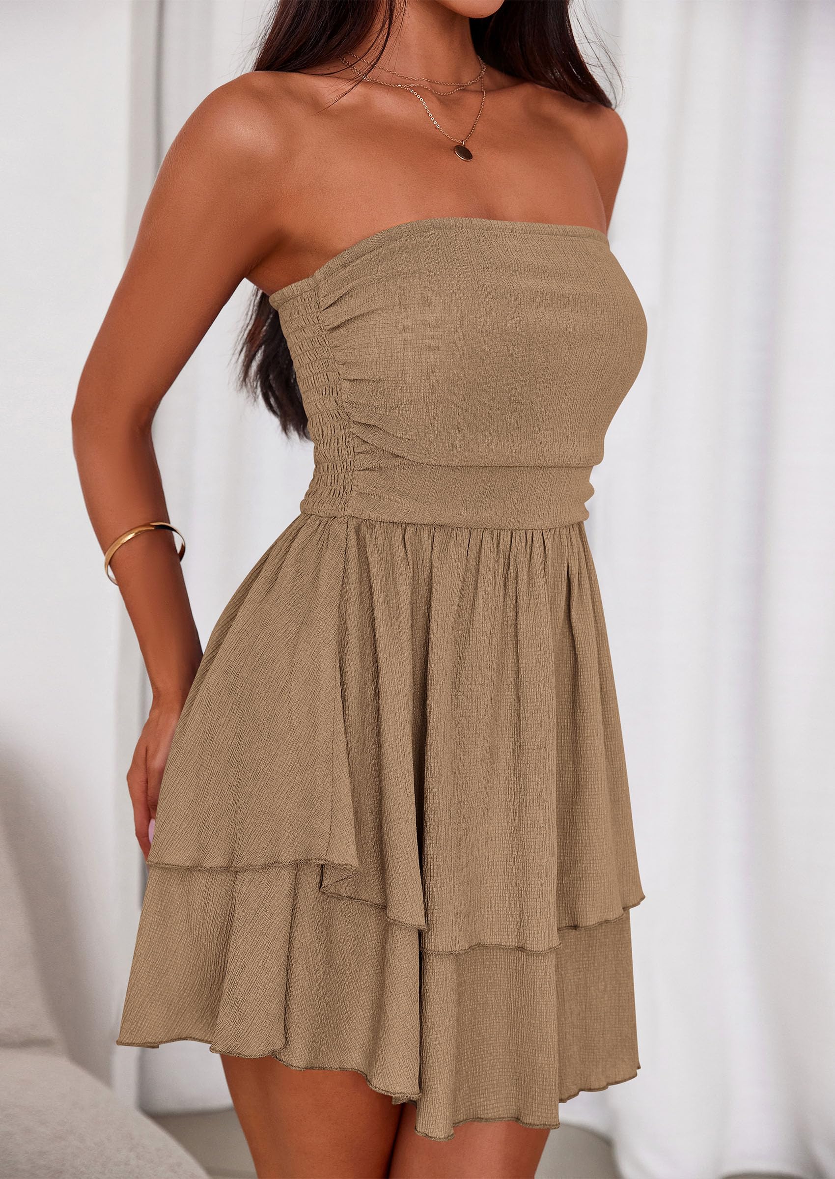 Women's Summer Strapless Flowy Mini Dresses (Khaki,S)