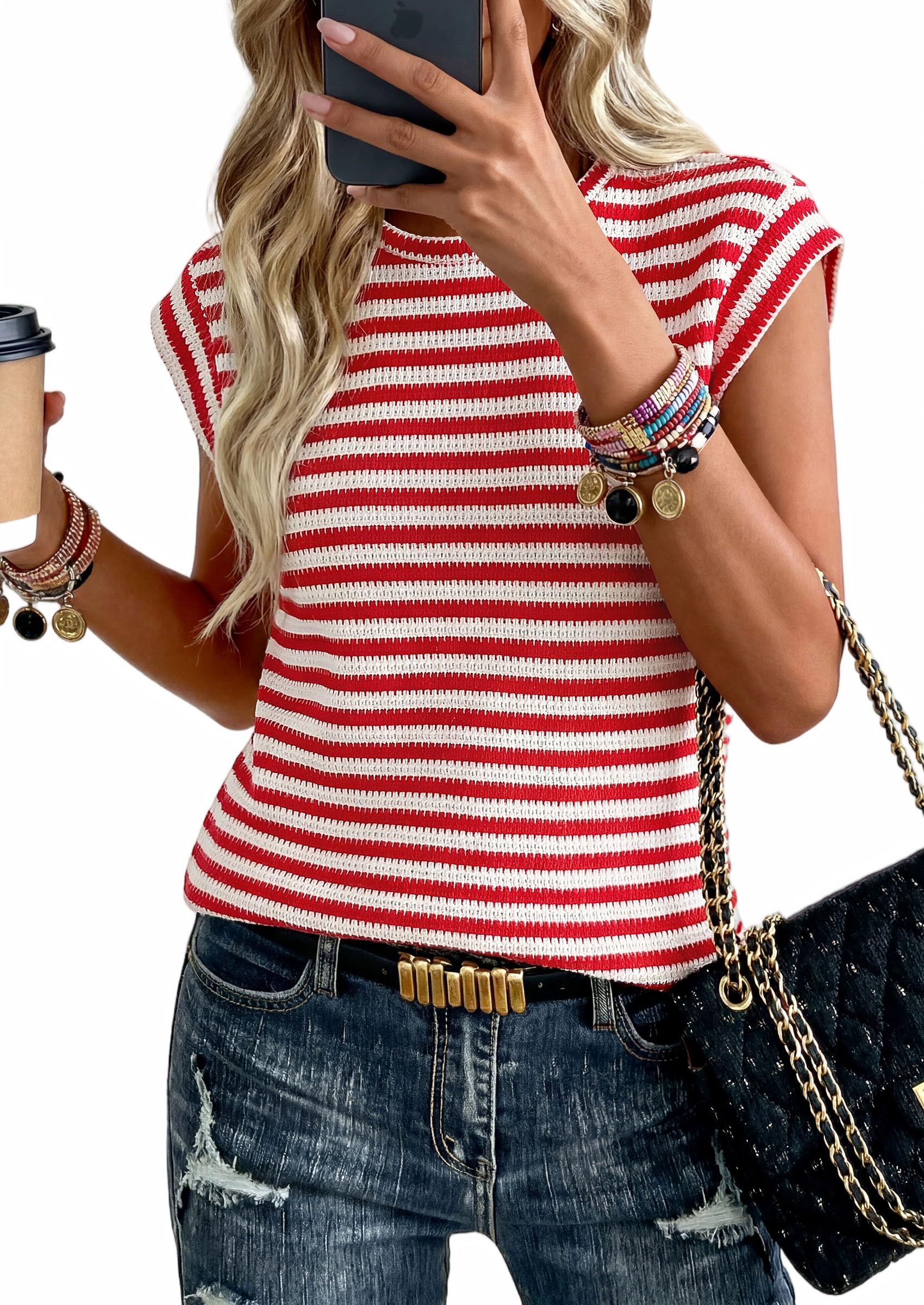Women's Striped Knit Vest Tops, Striped Red White,S