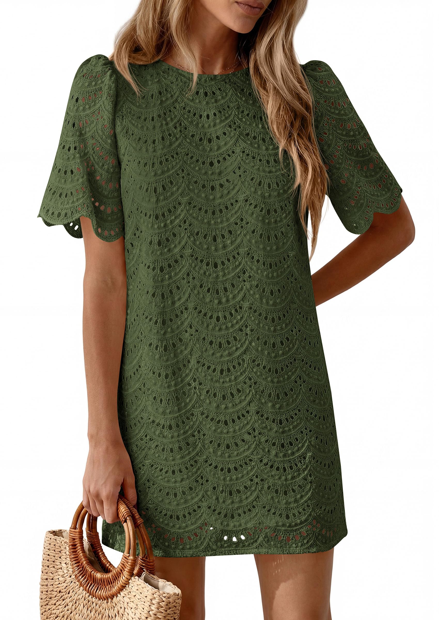Women's Summer Eyelet Lace Short Dress (Army Green,S)