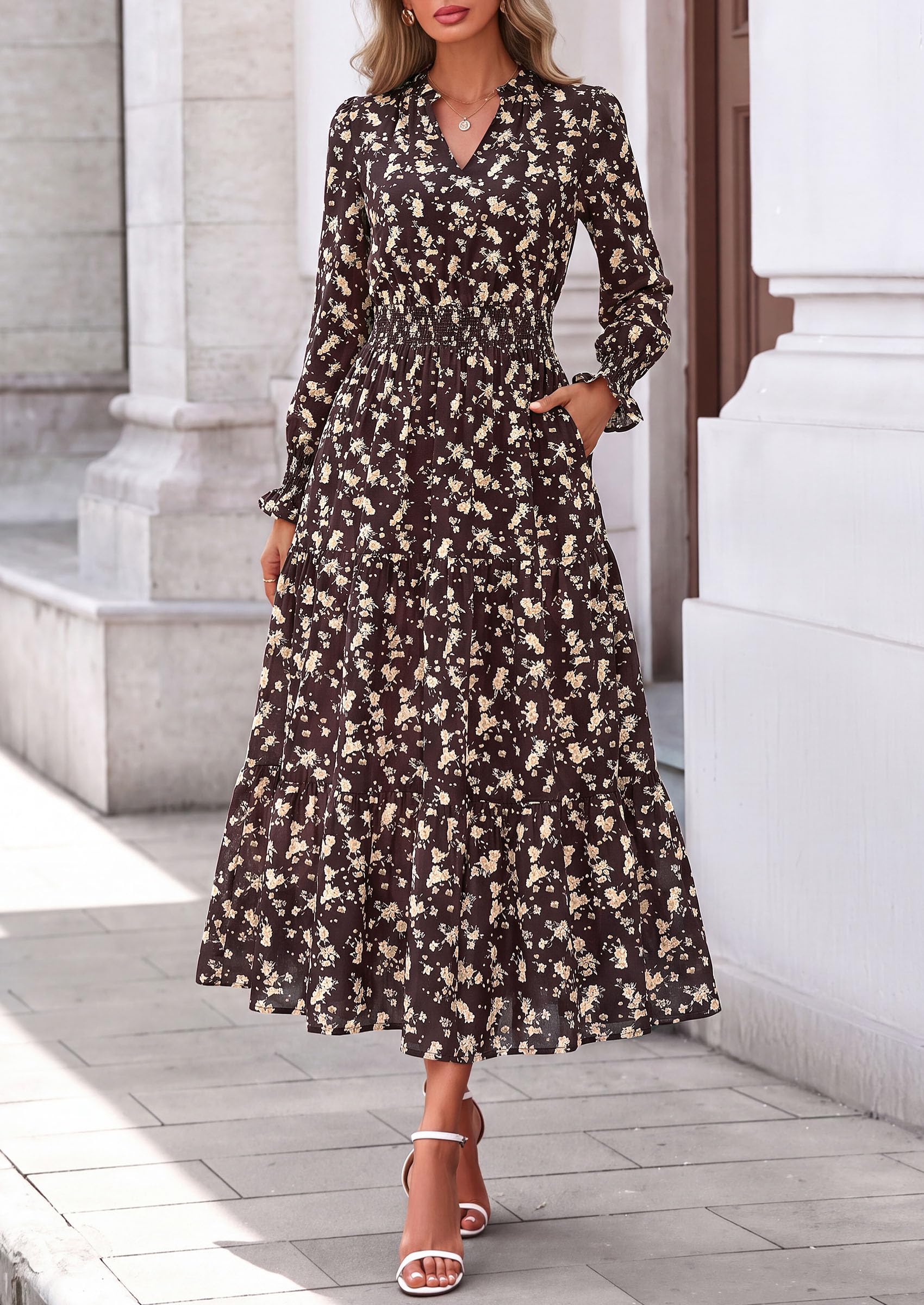 Women's Floral Maxi Dress Fall A Line Wedding Guest Dresses