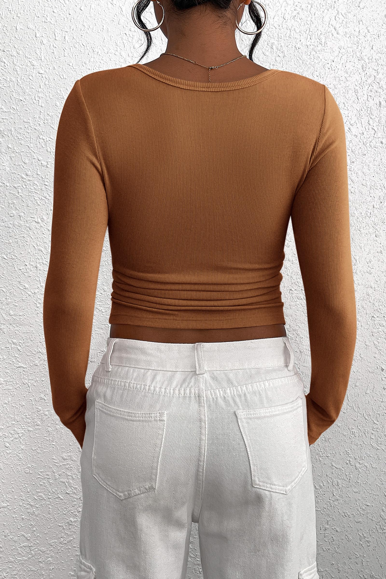 Women's Fall Long Sleeve Henley T Shirts Khaki