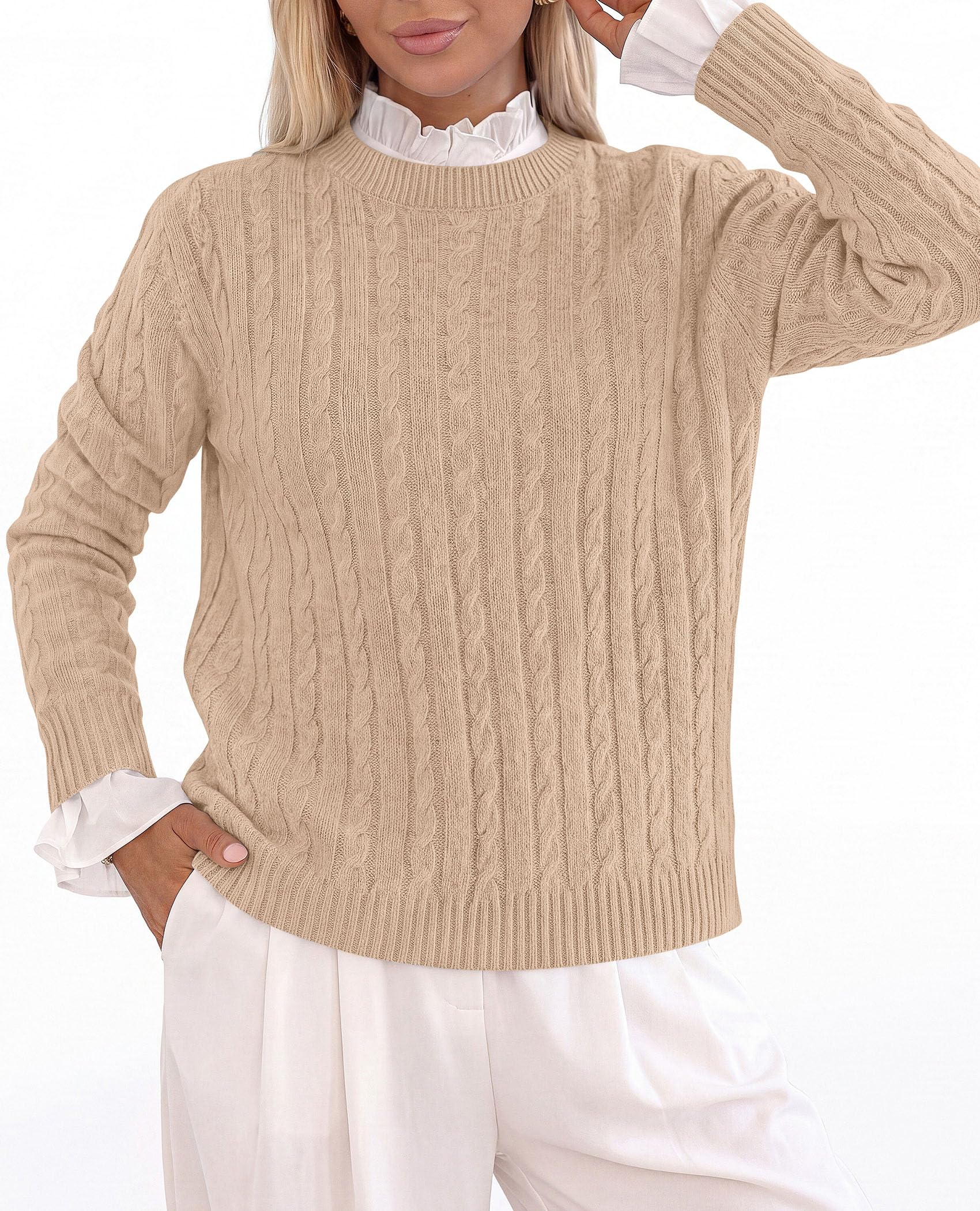 Womens Cable Knit Crewneck Fall Sweater Long Sleeve Tops 2026