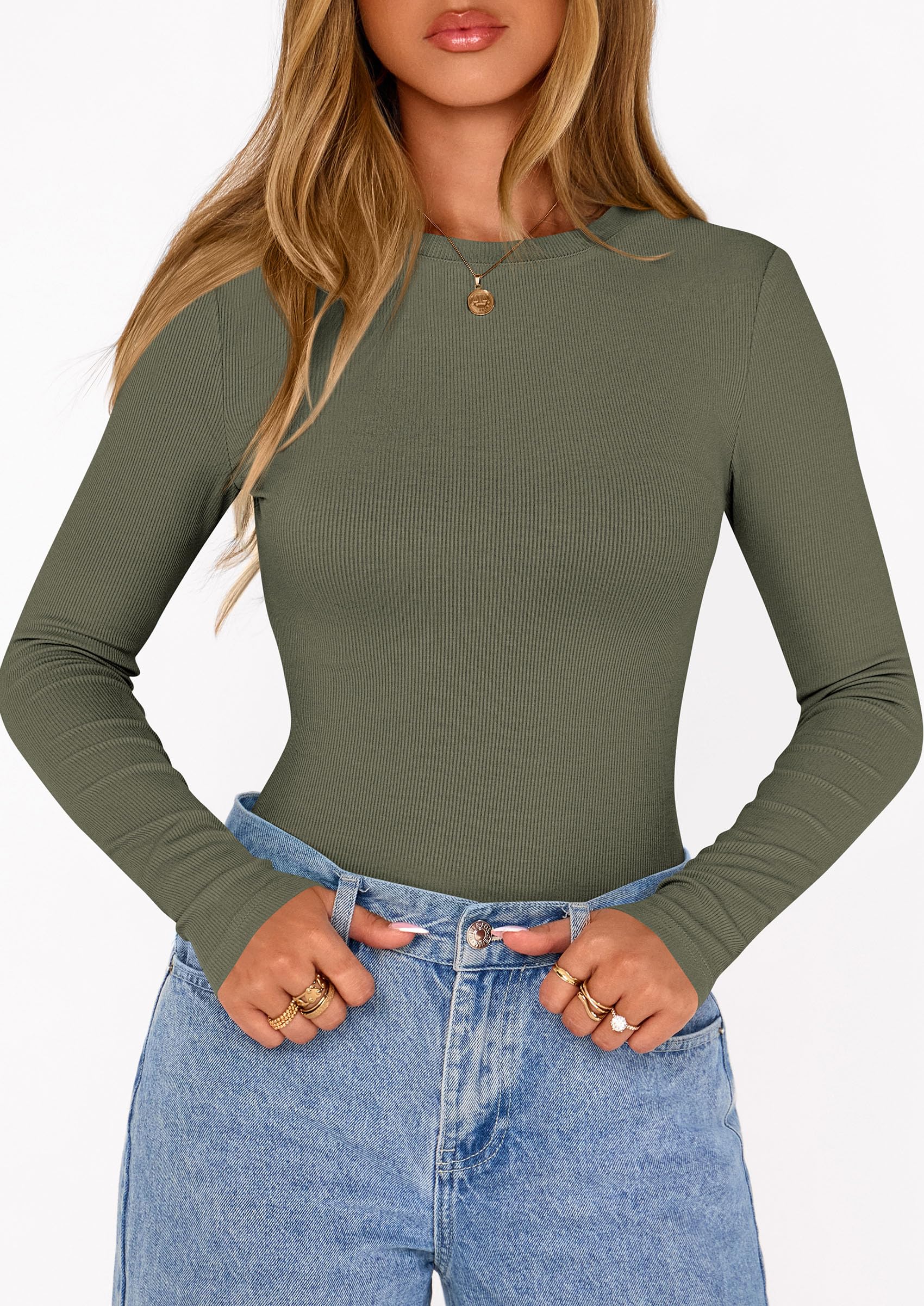 Bodysuits for Women Fall Ribbed Knit Long Sleeve T Shirts