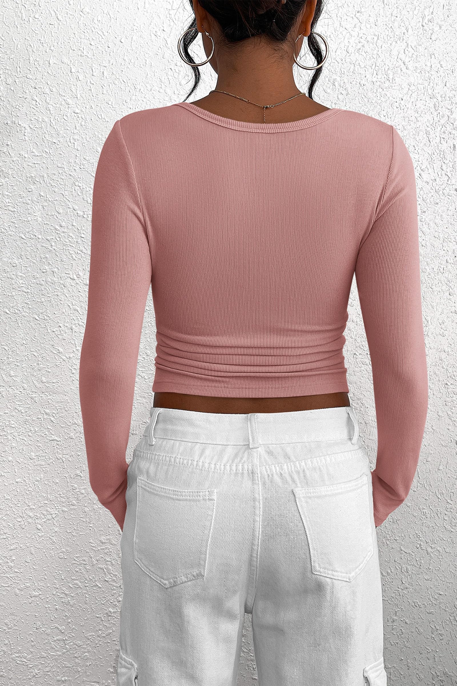 Women's Fall Long Sleeve Henley T Shirts Dusty Pink