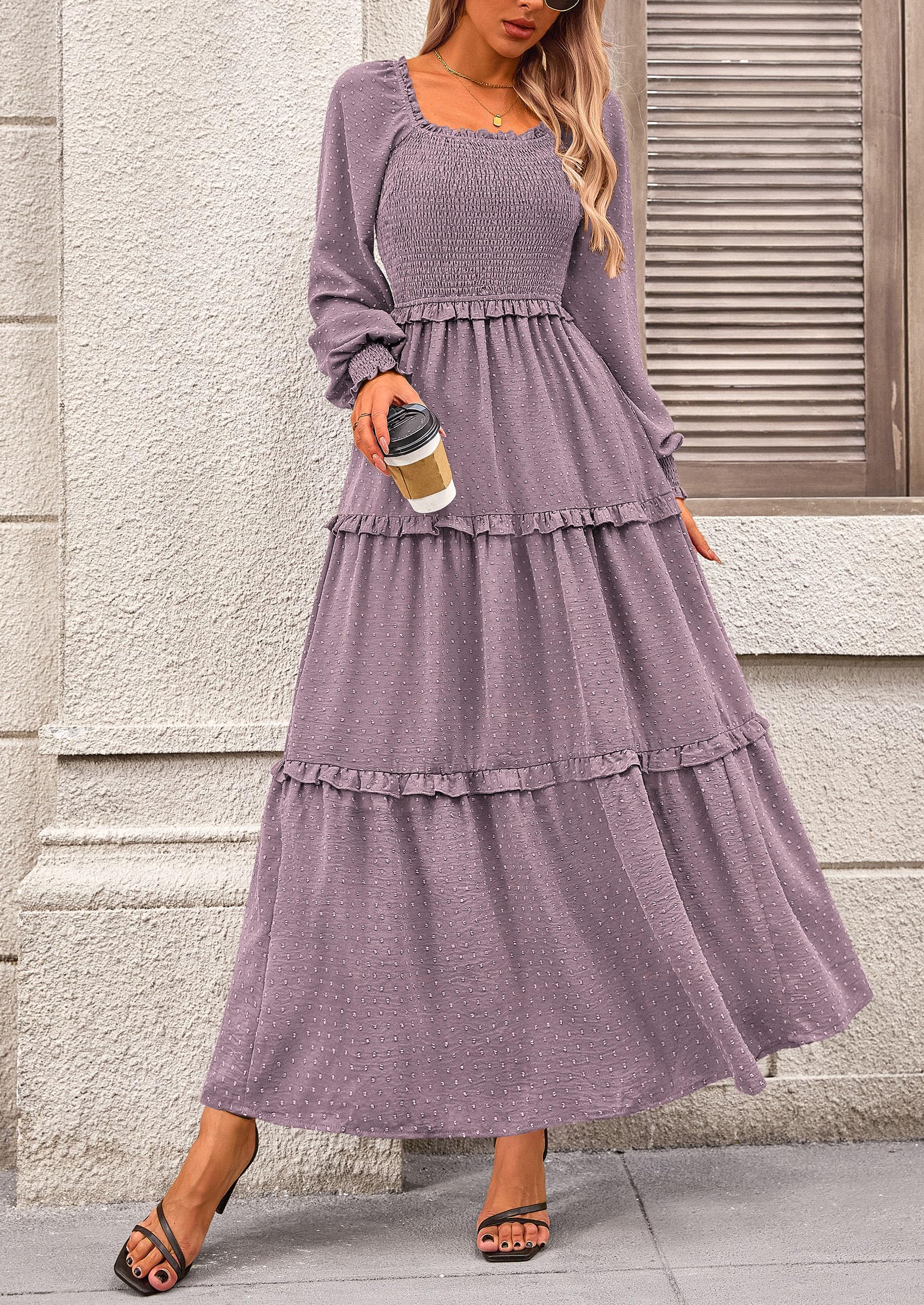 Women's Smocked Long Sleeve Maxi Dress Wedding Guest Dresses