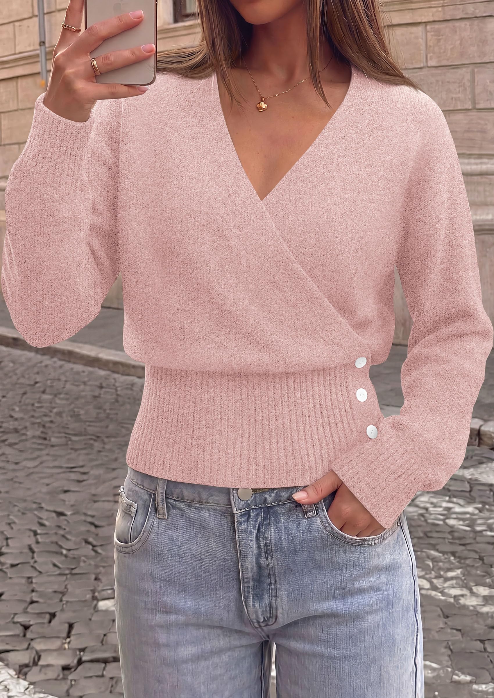 Women V Neck Wrap Sweater Cropped Tops (Pink,S)