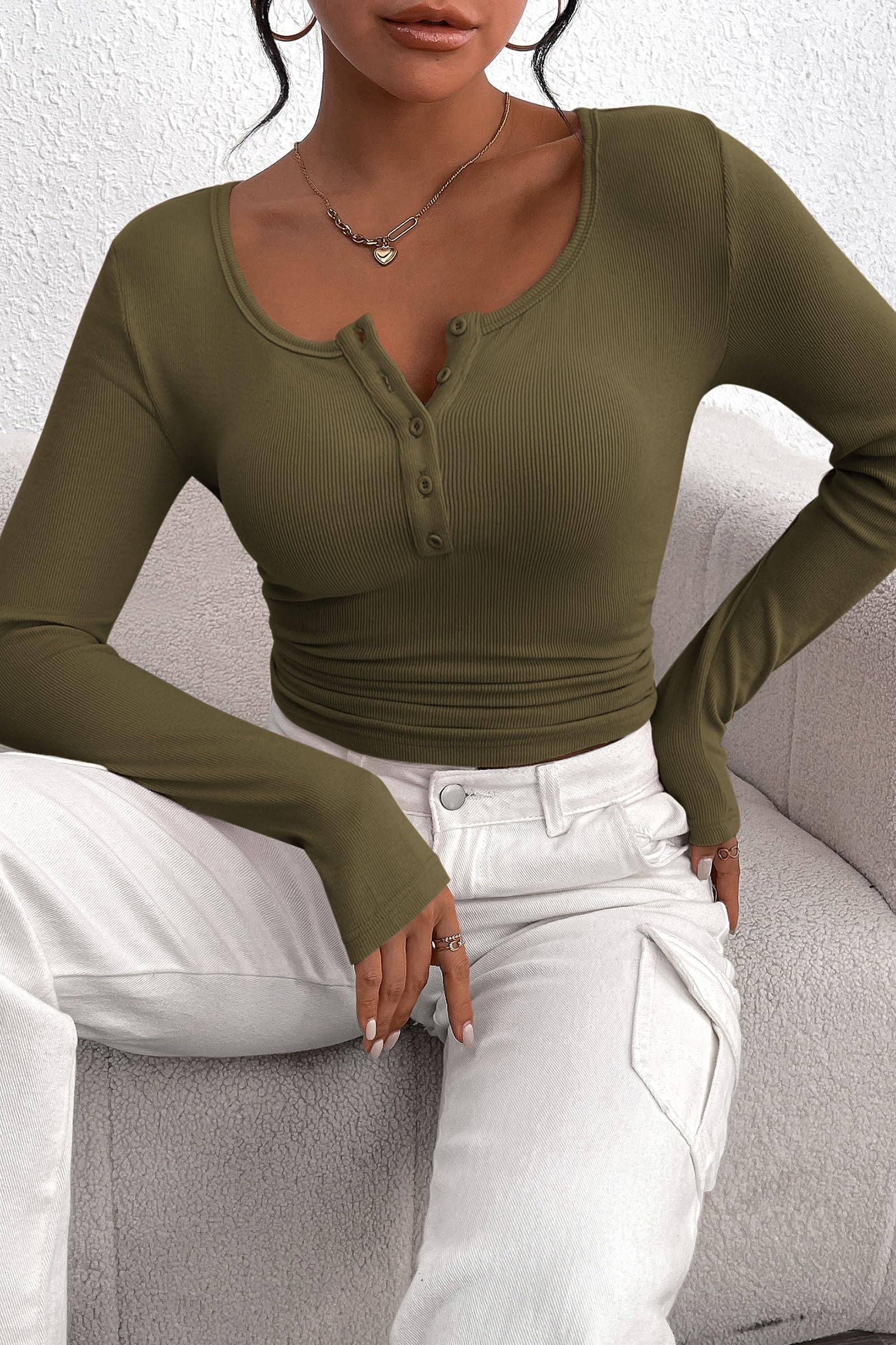 Women's Fall Long Sleeve Henley T Shirts Army Green