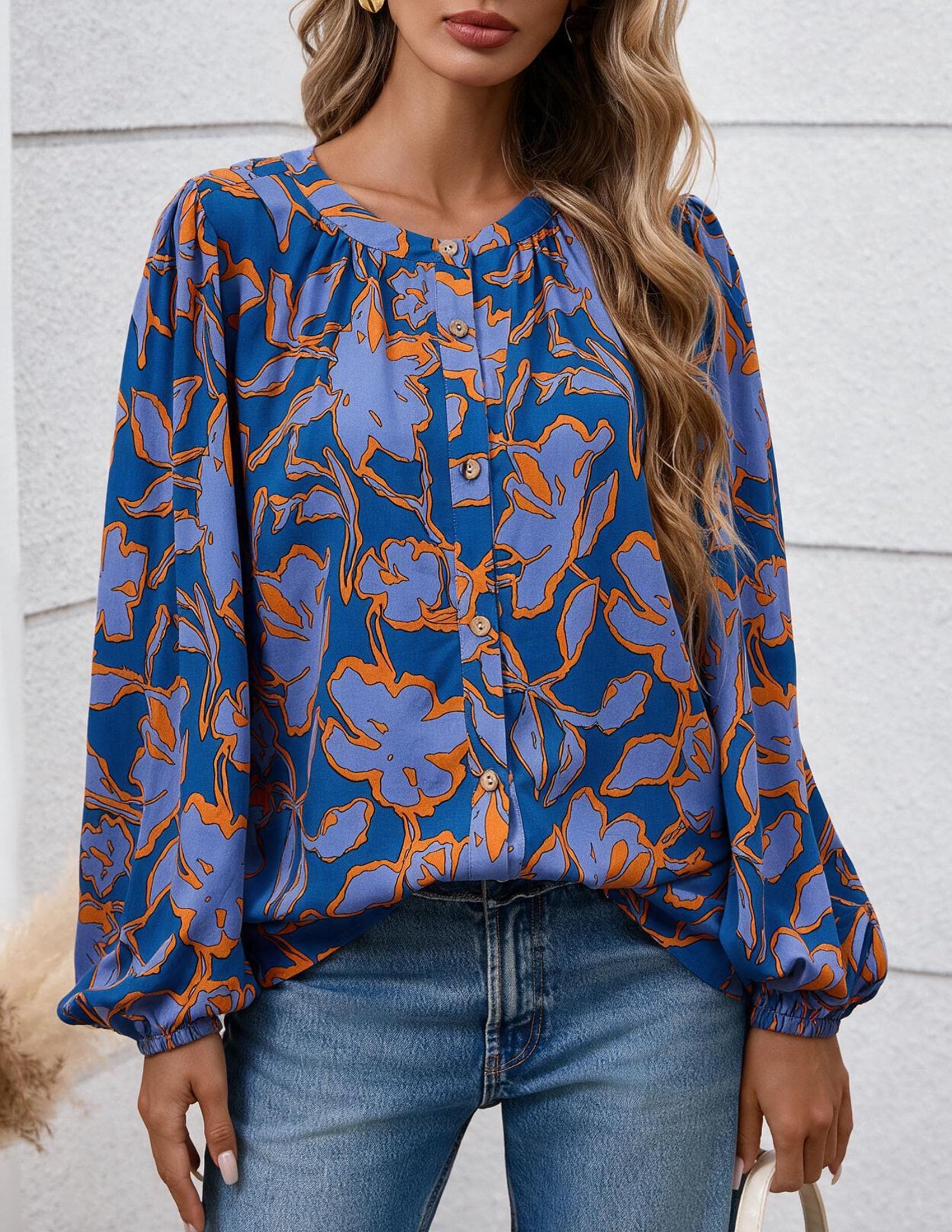 Women's Boho Tops Fall Long Sleeve Button Down Floral Blouses