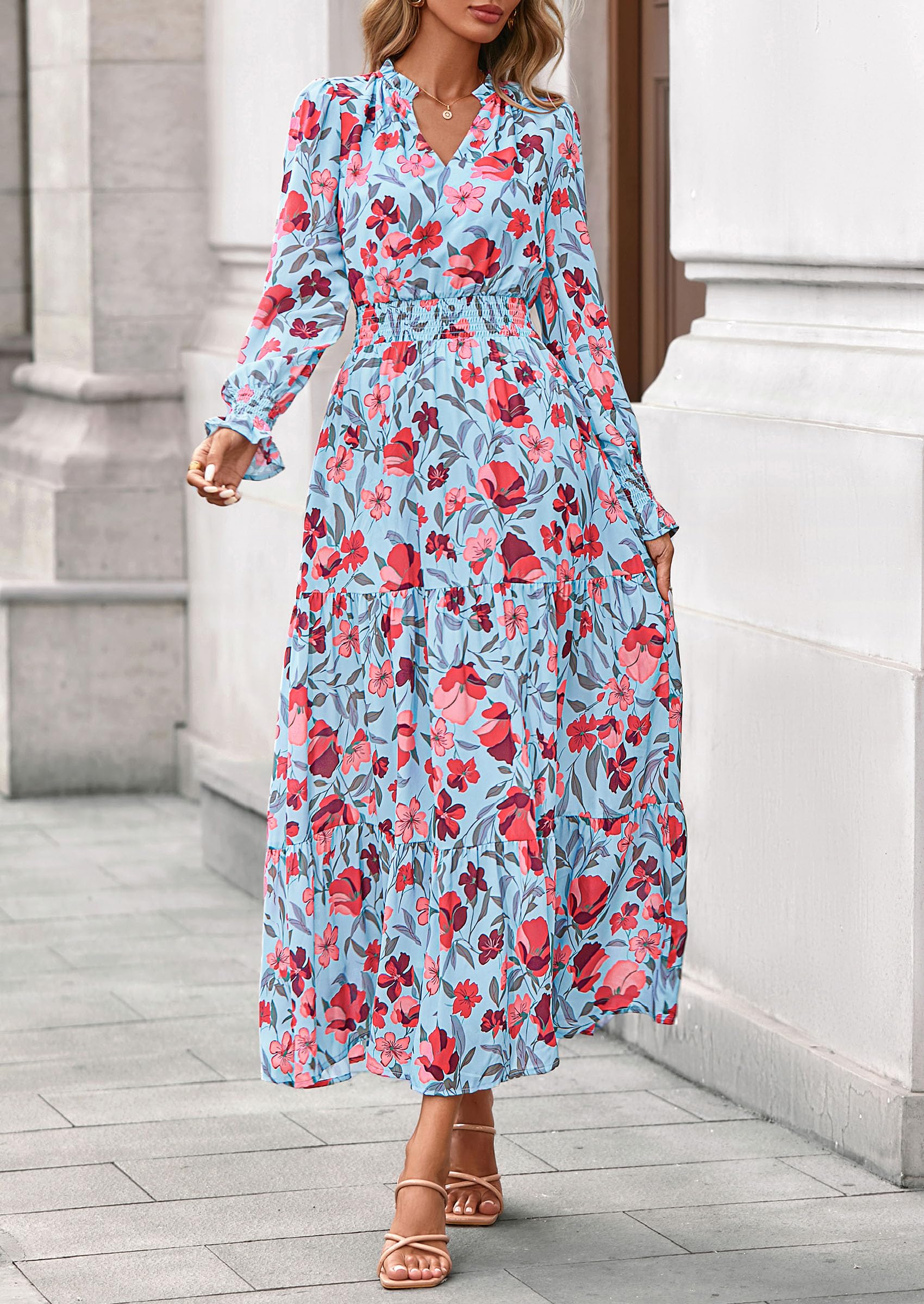 Women's Floral Maxi Dress Fall A Line Wedding Guest Dresses