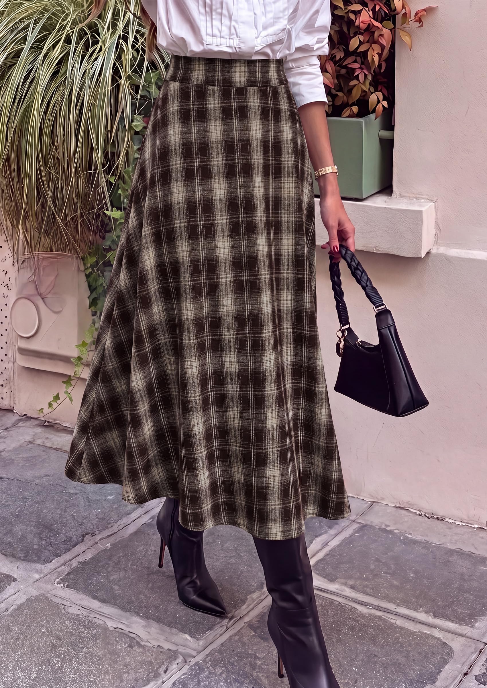 Women's Plaid High Waisted A-Line Midi Skirts,Dark Coffee,M