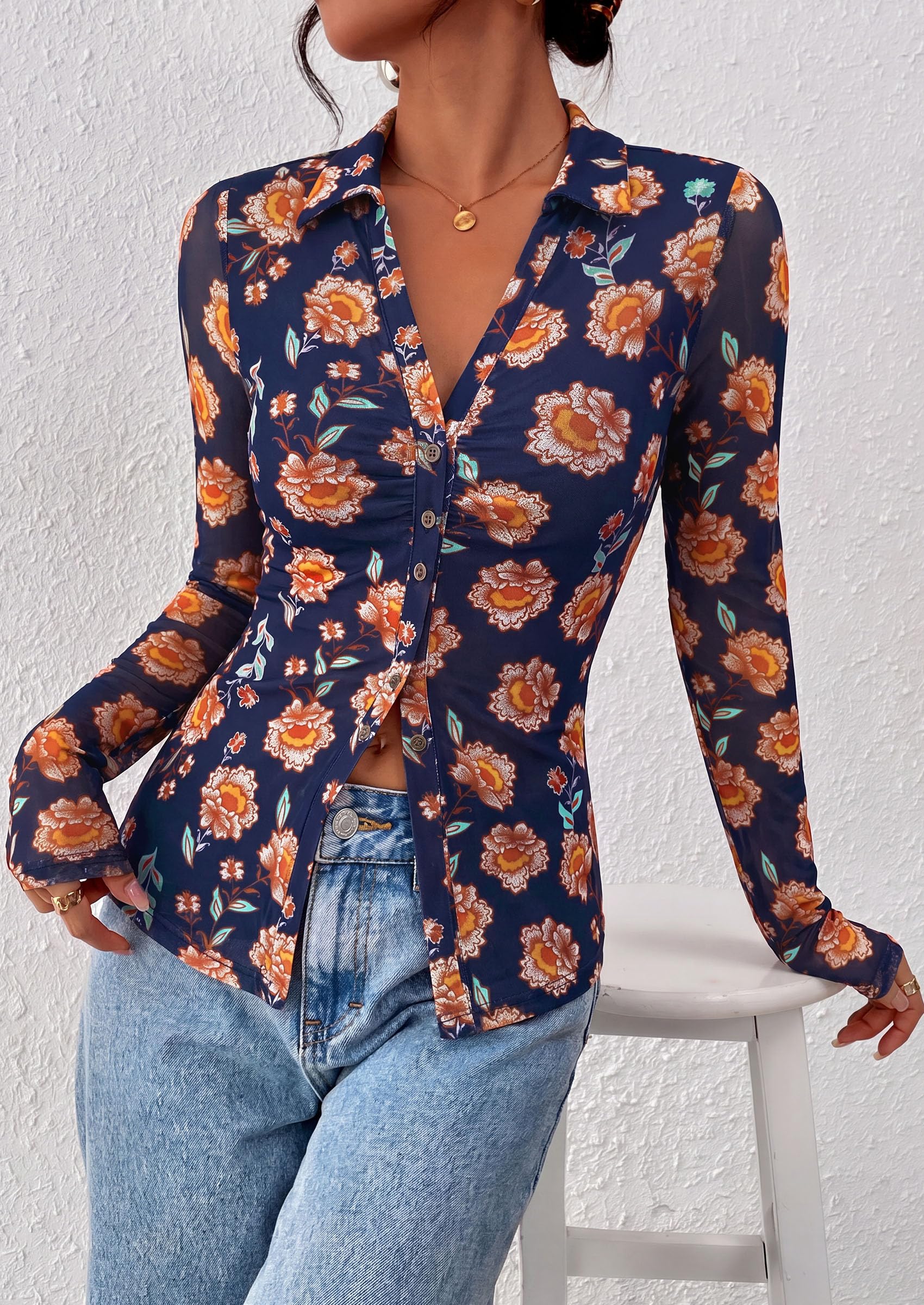 Women's Button Down Shirts Boho Mesh Floral Going Out Tops