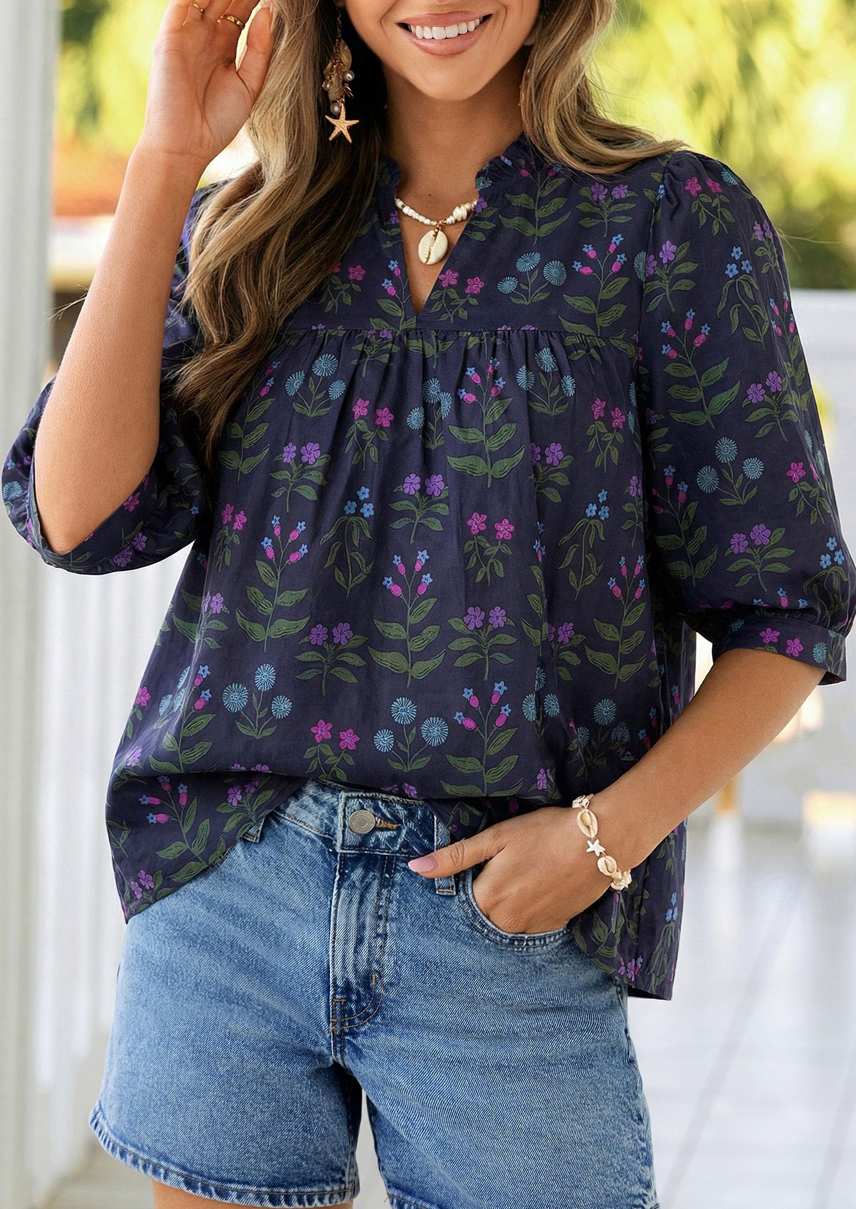 Women's Summer Floral Boho Dressy Casual Tops Navy Blue