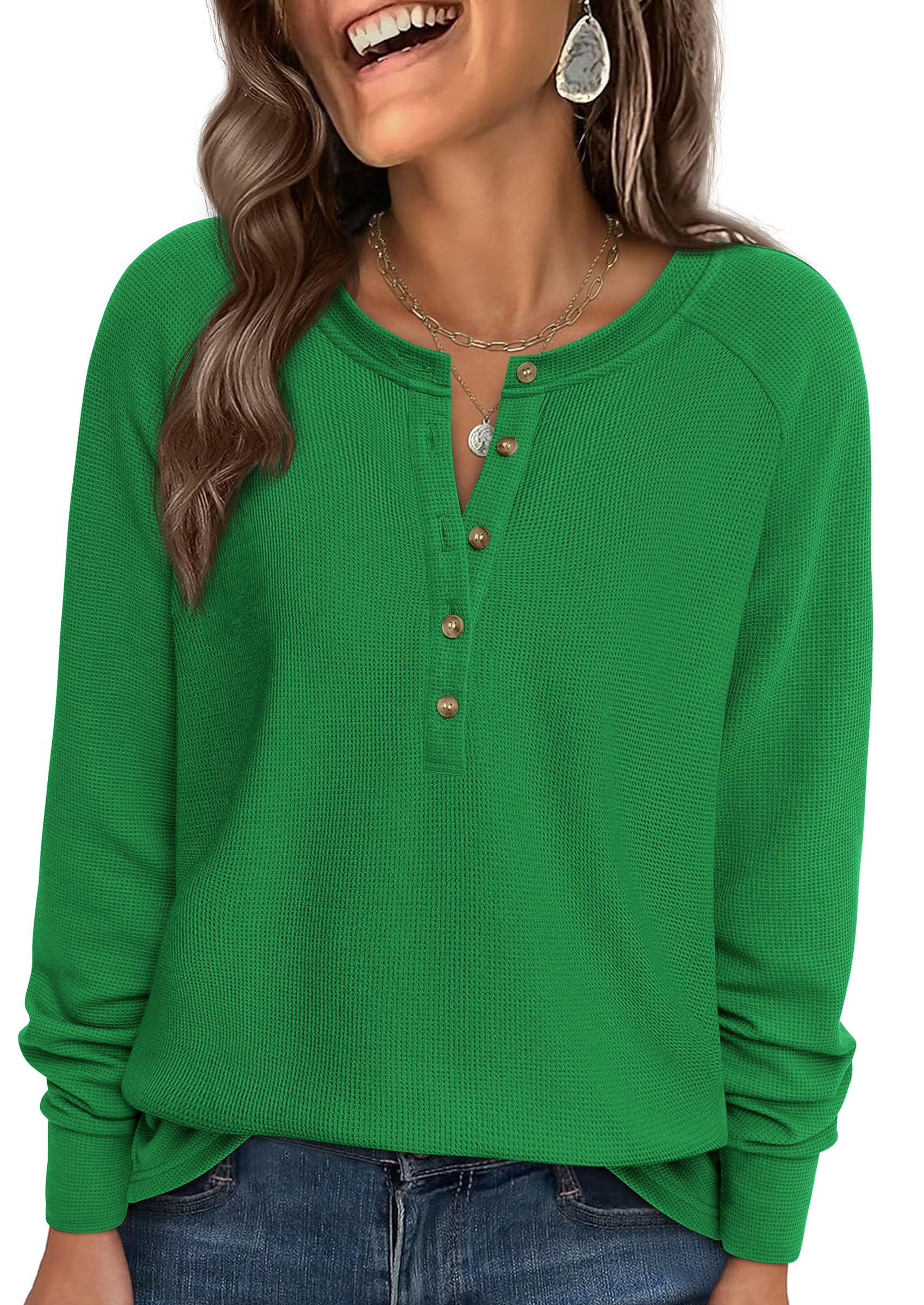 Women's Long Sleeve Waffle Knit Henley Shirts Loose Tunic Tops