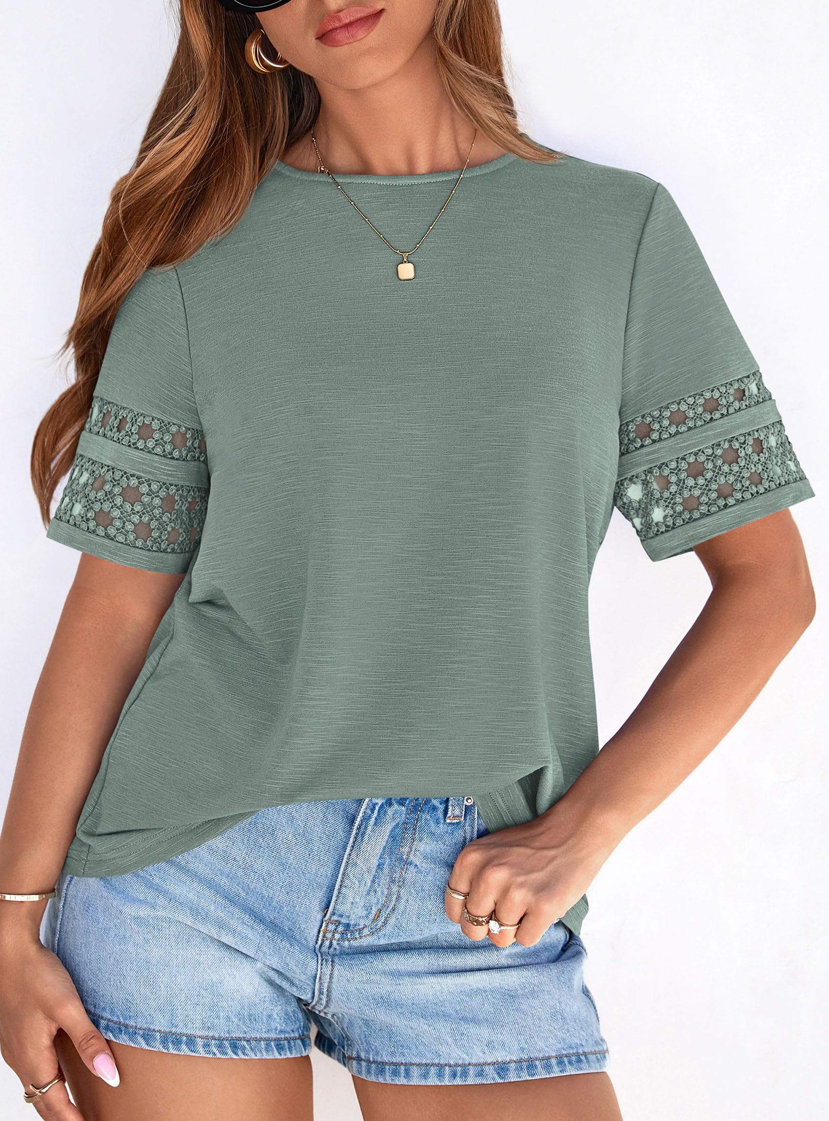 Women's Summer Short Sleeve Lace Trim T-Shirts,Sage Green,M