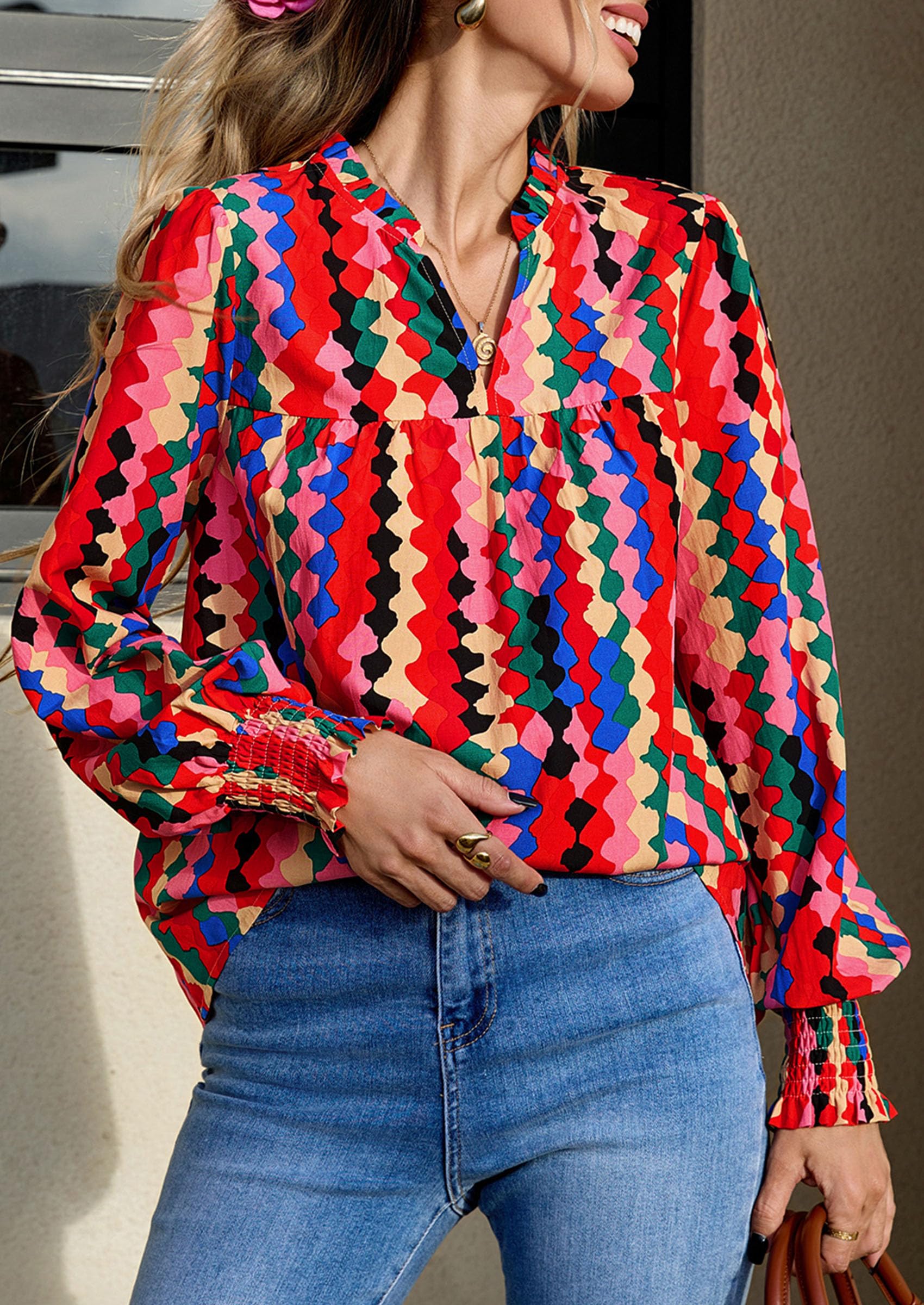 Women's Boho Floral Blouses Dressy Casual Multicolored,S