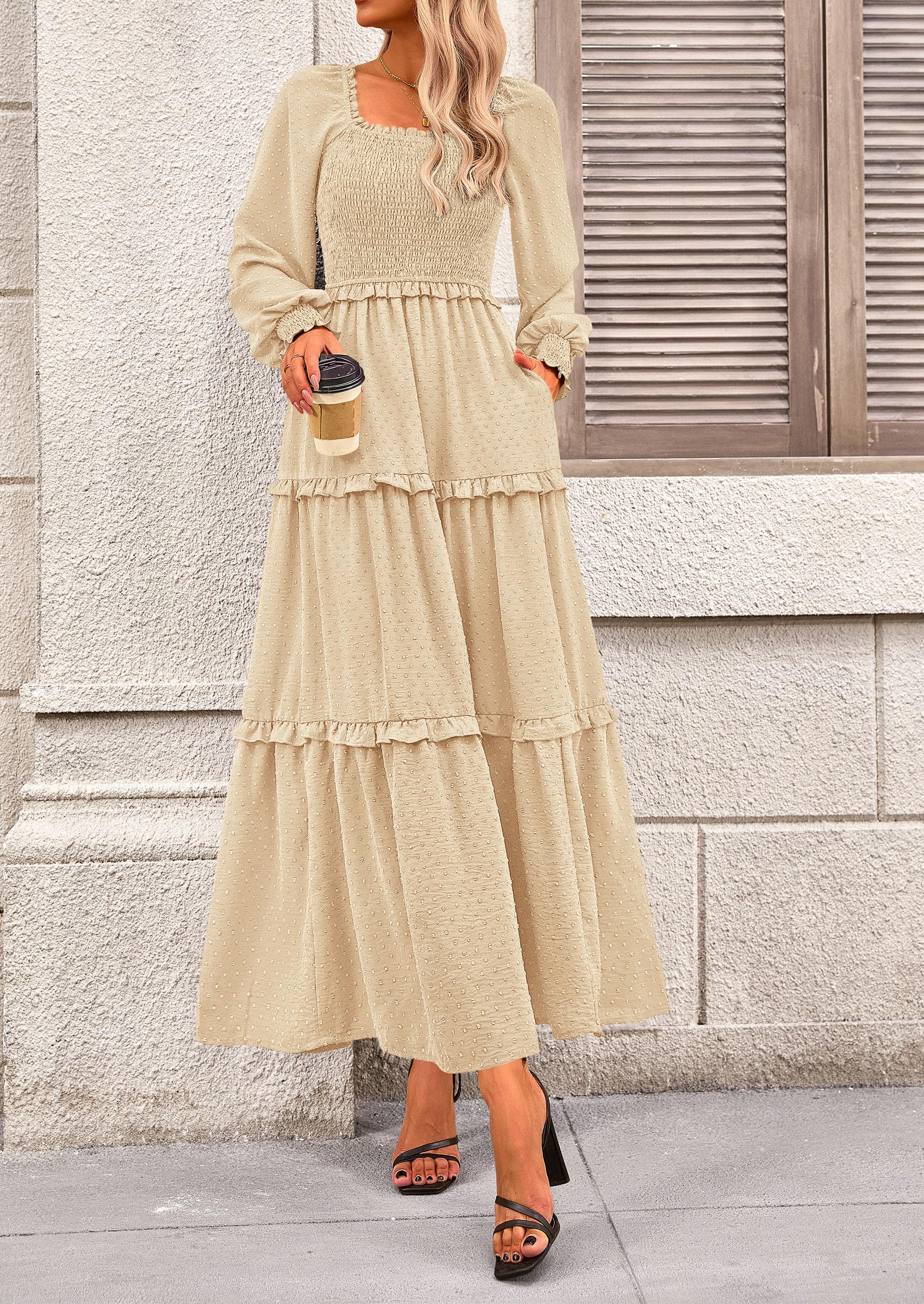 Women's Smocked Long Sleeve Maxi Dress Wedding Guest Dresses