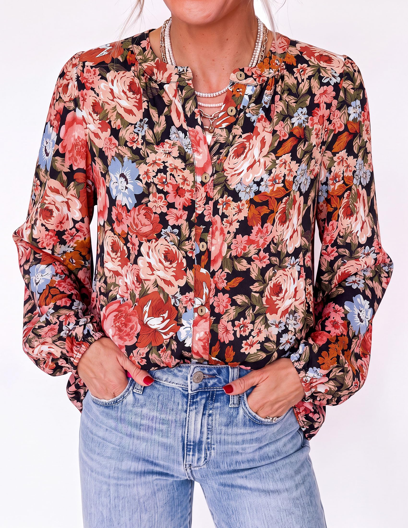 Women's Boho Tops Fall Long Sleeve Button Down Floral Blouses