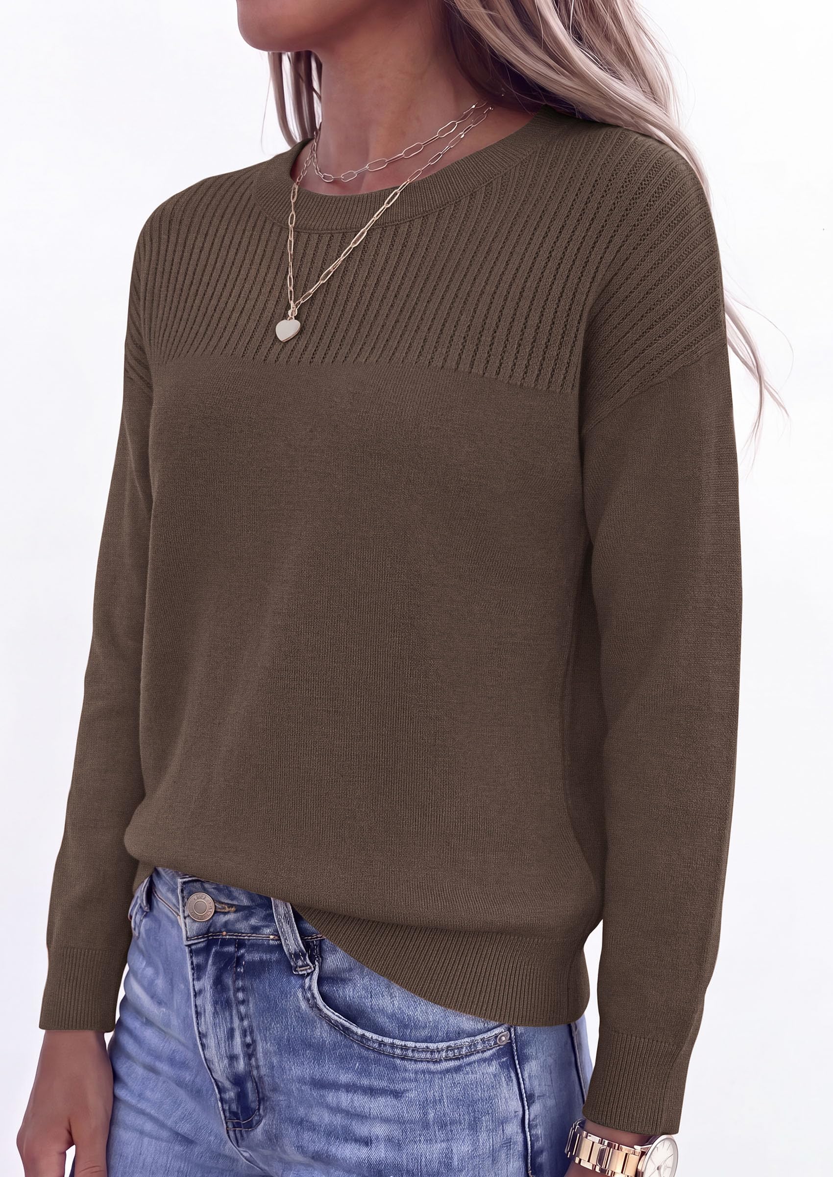 Sweaters for Women Fall Crewneck Knit Cropped Sweater Coffee