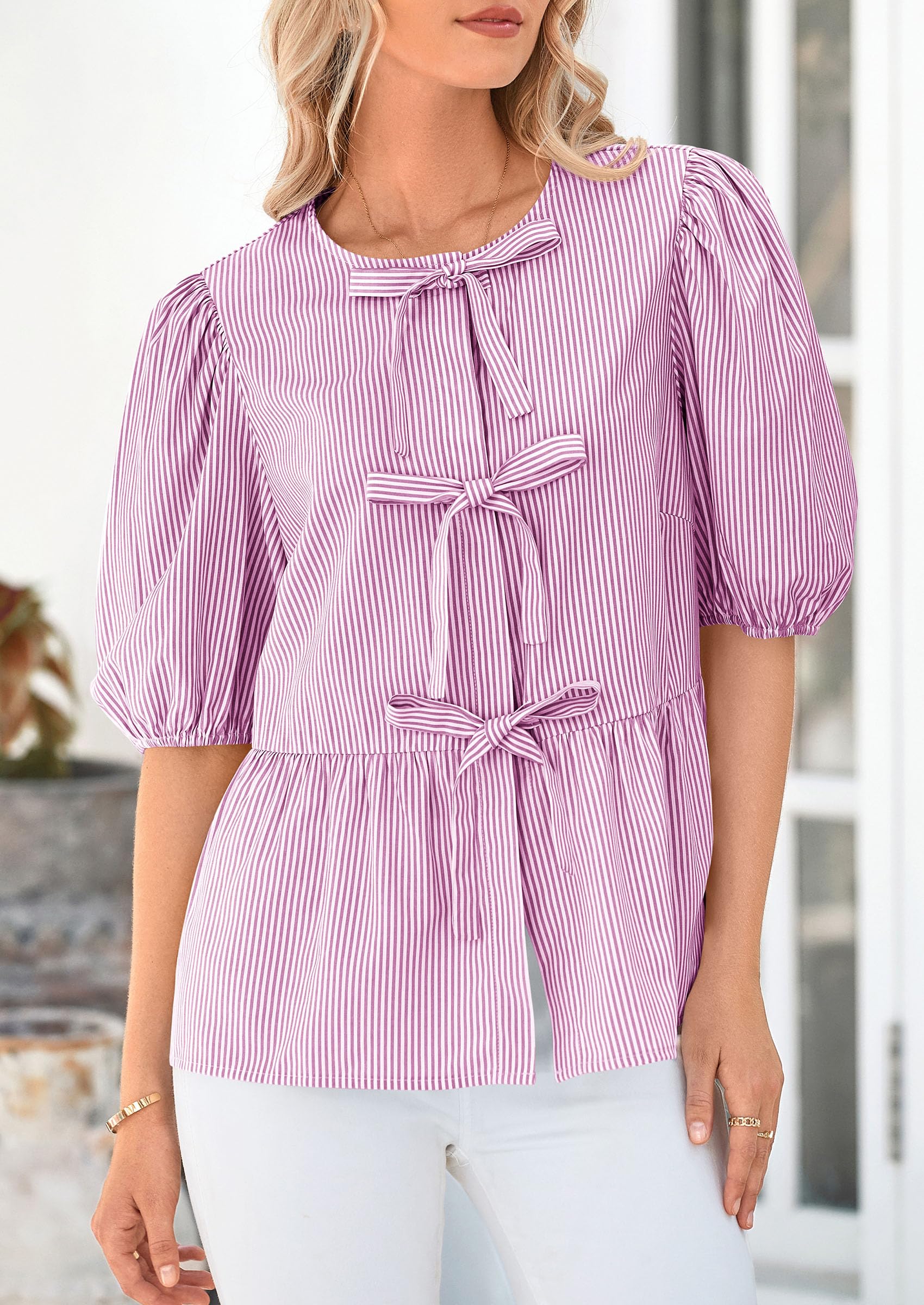 Women Striped Tie Front Babydoll Peplum Tops, Purple Red,S