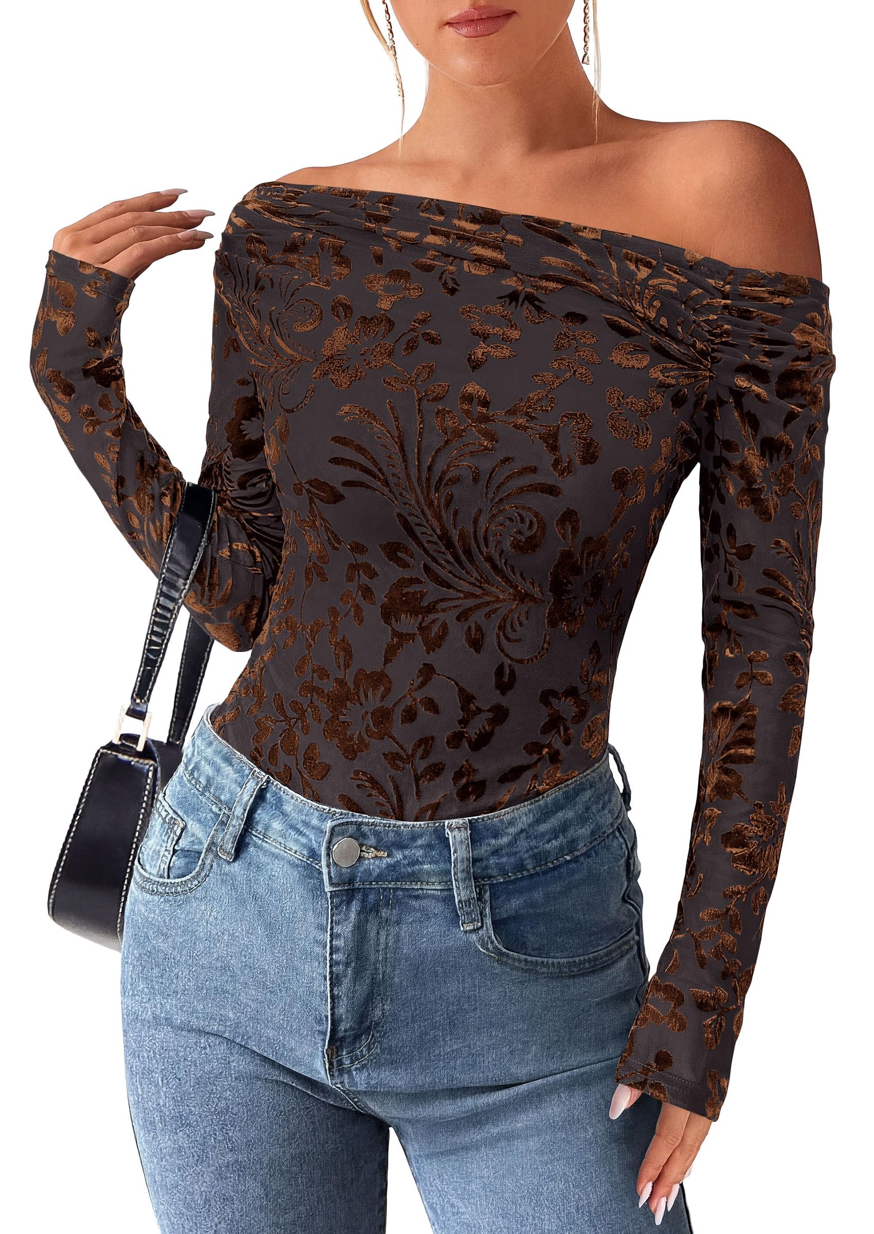 Off the Shoulder Tops for Women Fall Mesh Floral Blouses Brown