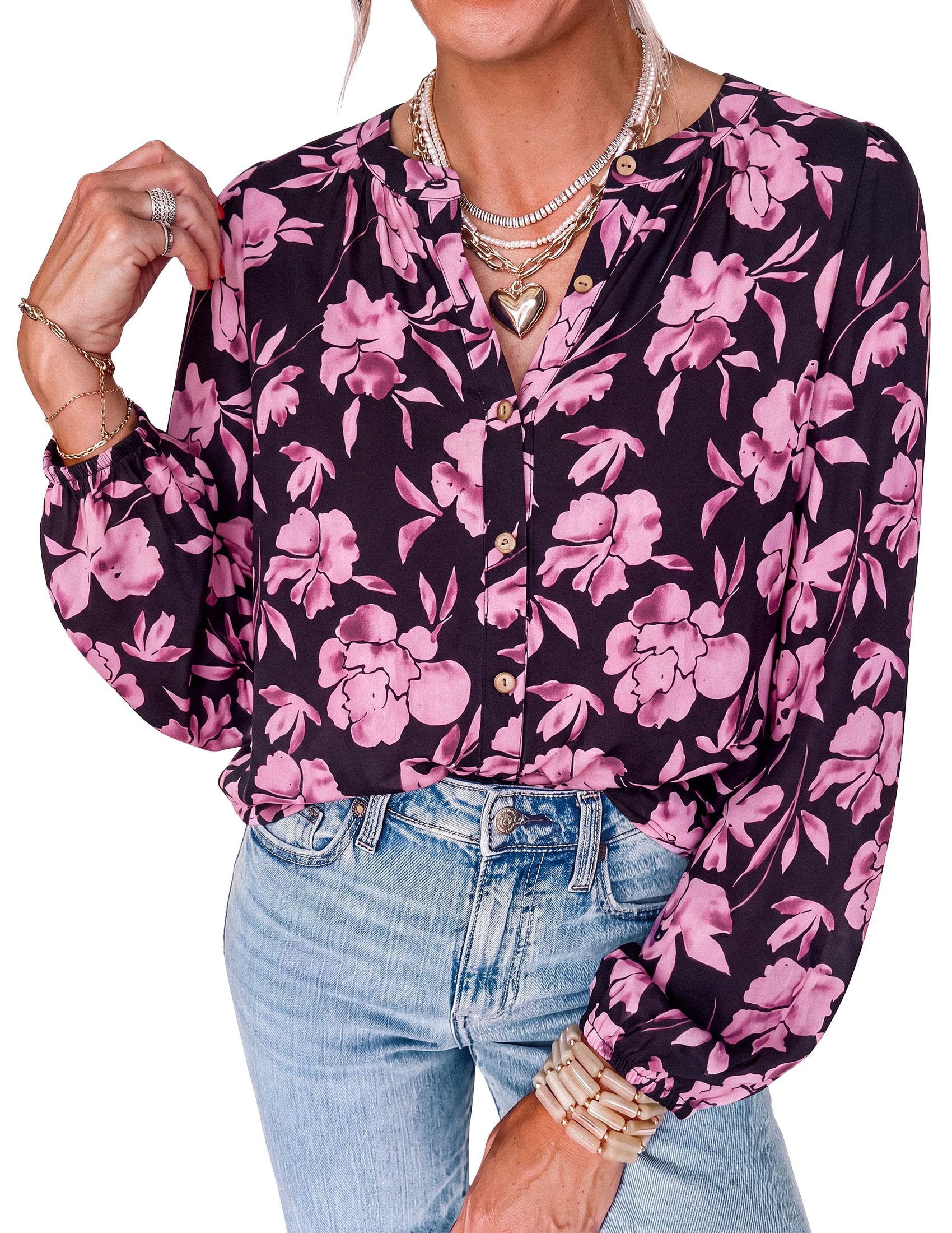 Women's Boho Tops Fall Long Sleeve Button Down Floral Blouses