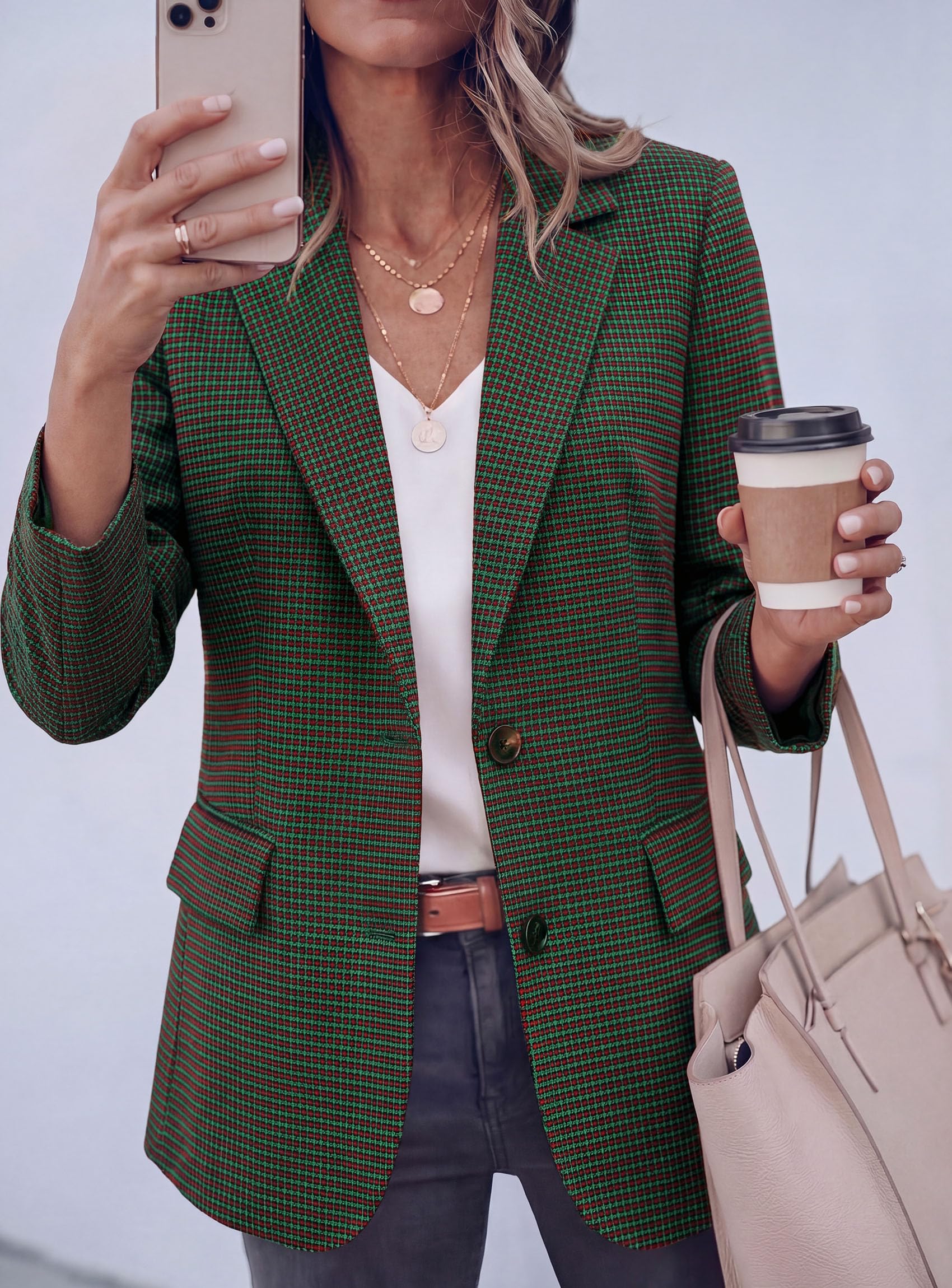 Fall Plaid Blazers for Women Business Casual Green S