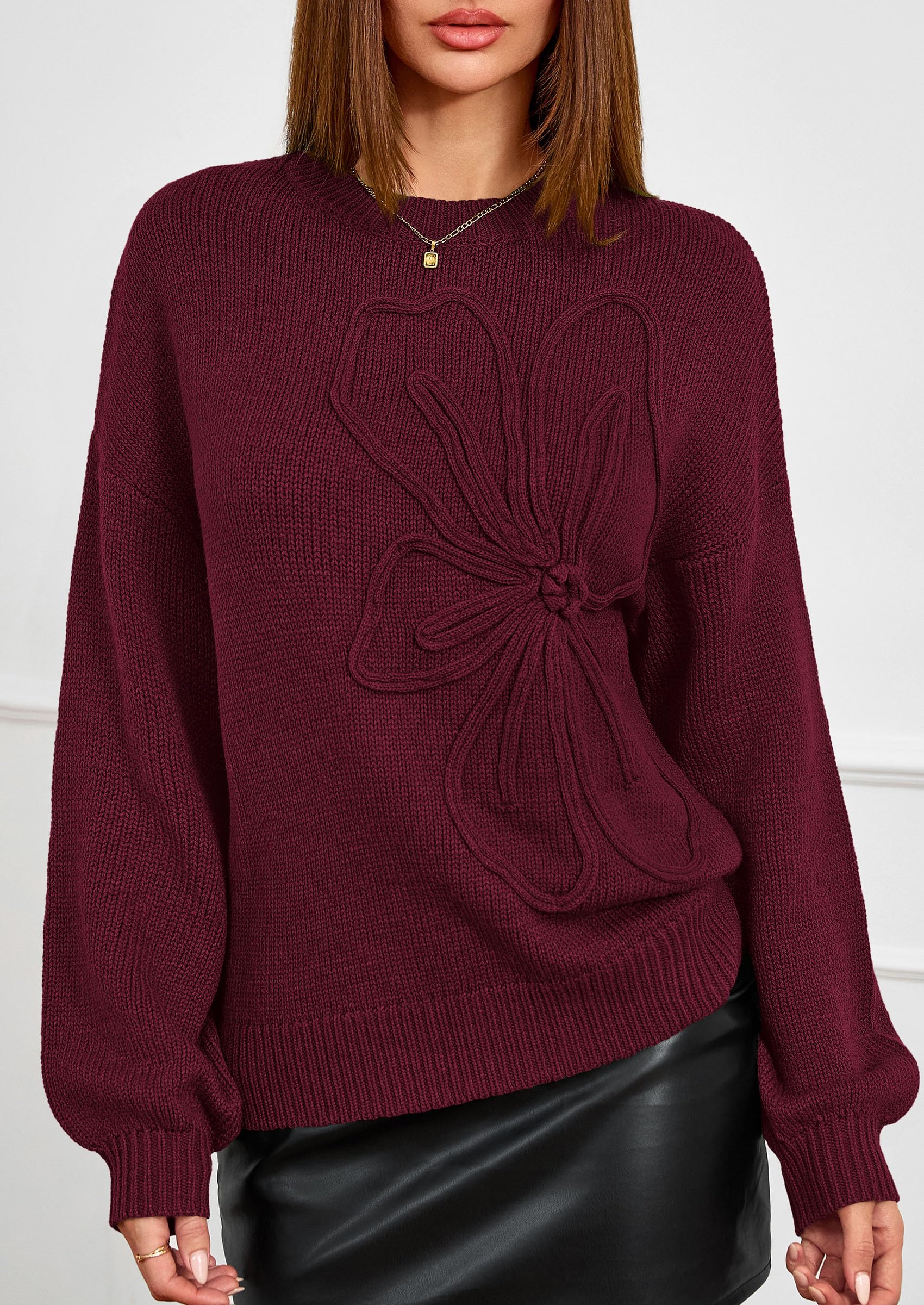 Women's Oversized 3D Floral Knit Sweater,Burgundy,S