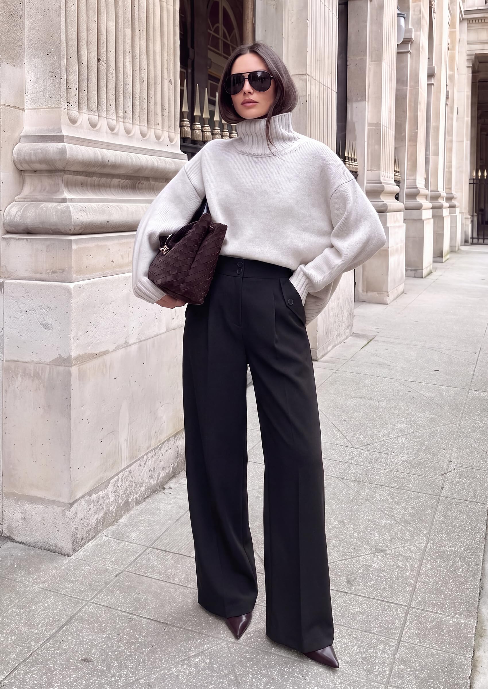 Women's Wide Leg Work Dress Pants Trousers (Black,S)