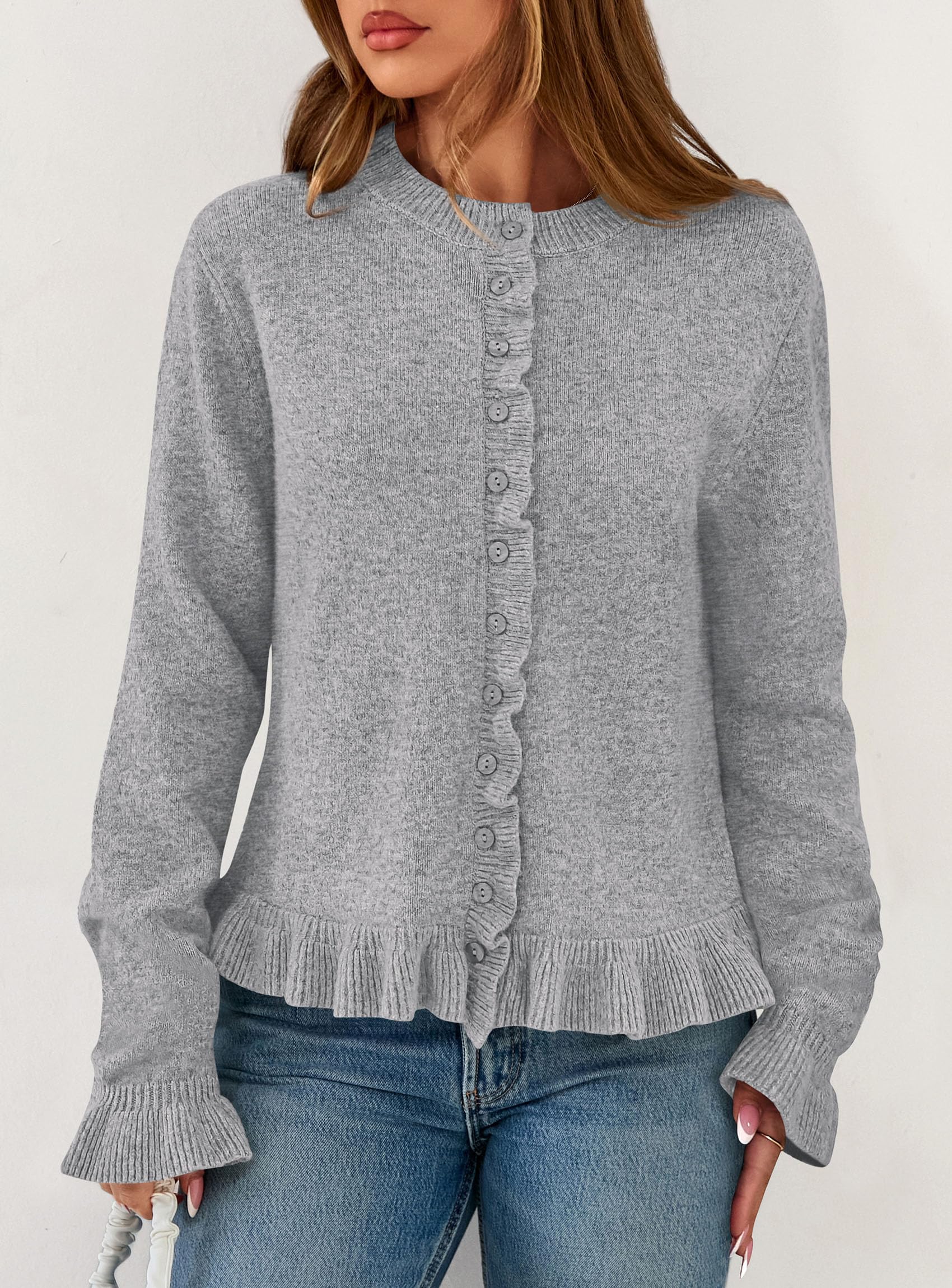 Womens Ruffle Button Down Cardigan Sweaters,Grey,S