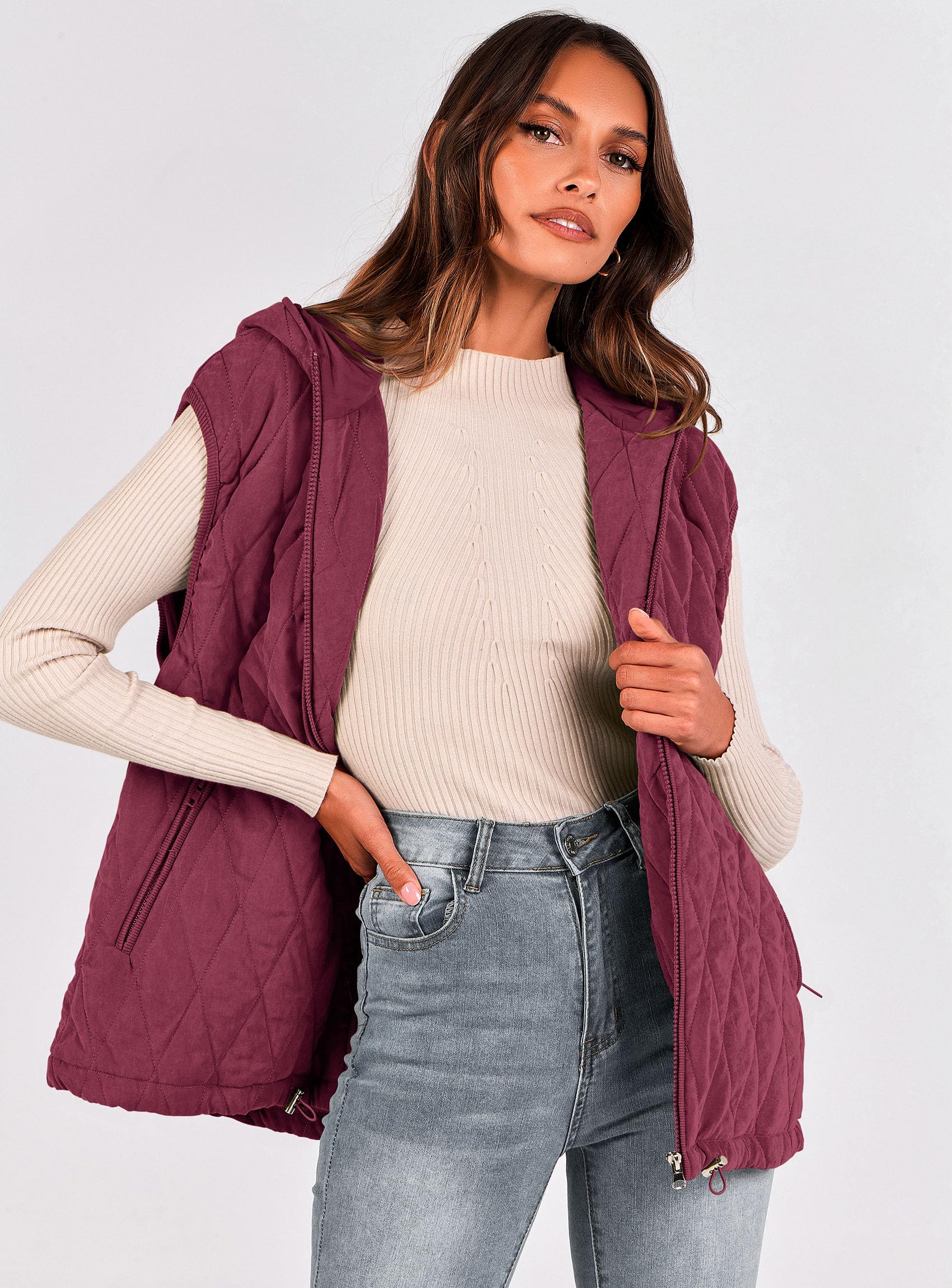 Women's Fall Fashion Vest Zip Up Jacket(Wine Red,Small)