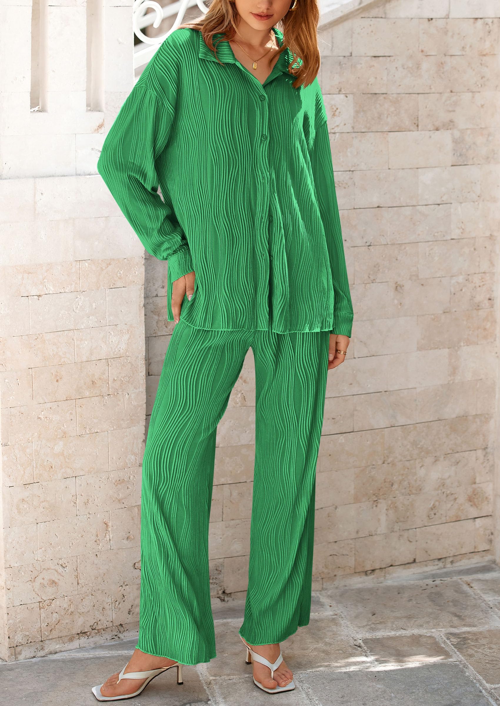 Womens 2 Piece Sets Button Down Lounge Tracksuit,Green,S