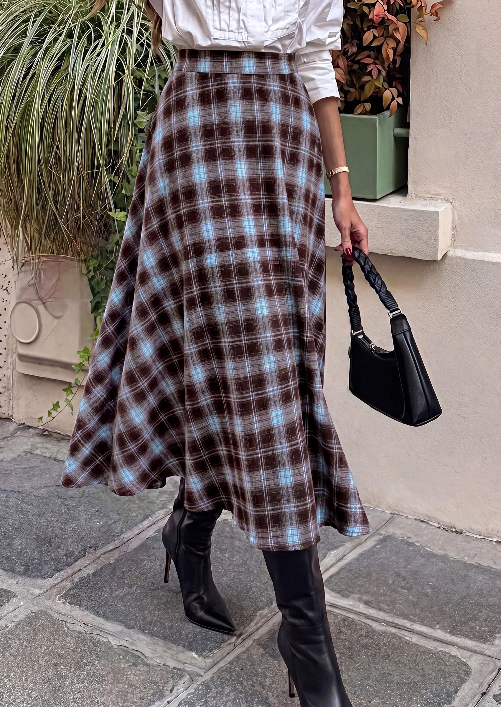 Women's Plaid High Waisted A-Line Midi Skirts,Light Blue,S