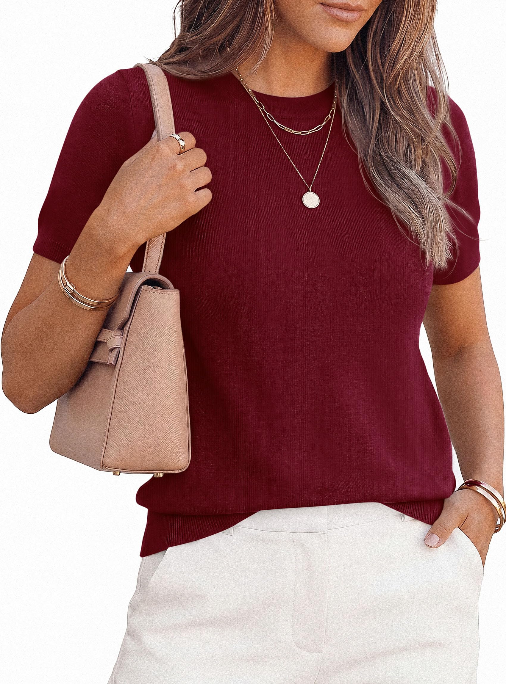 Women's Short Sleeve Sweaters Summer Tops,Burgundy,S