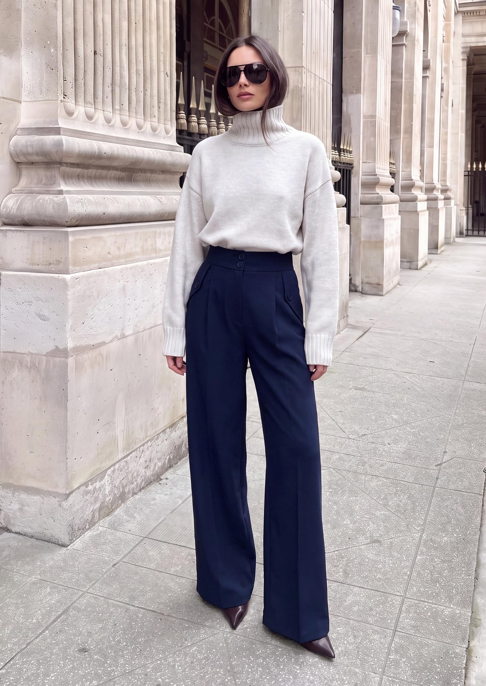 Women's Wide Leg Work Dress Pants Trousers, Navy Blue,S
