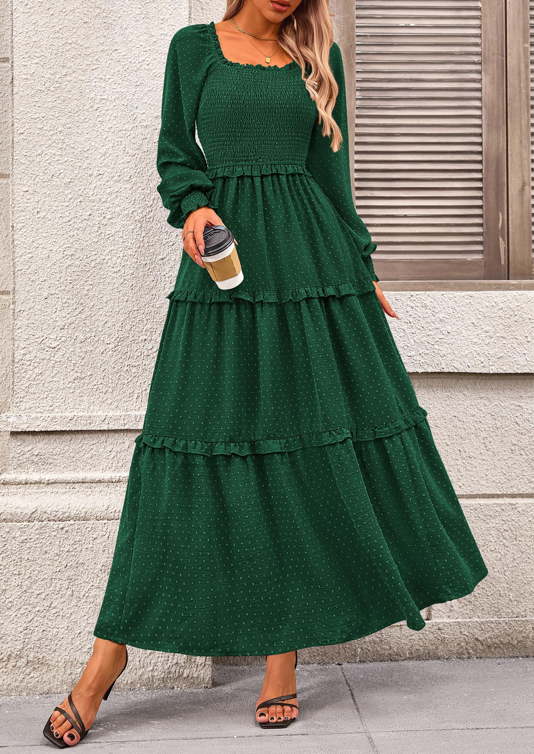 Women's Smocked Long Sleeve Maxi Dress Wedding Guest Dresses