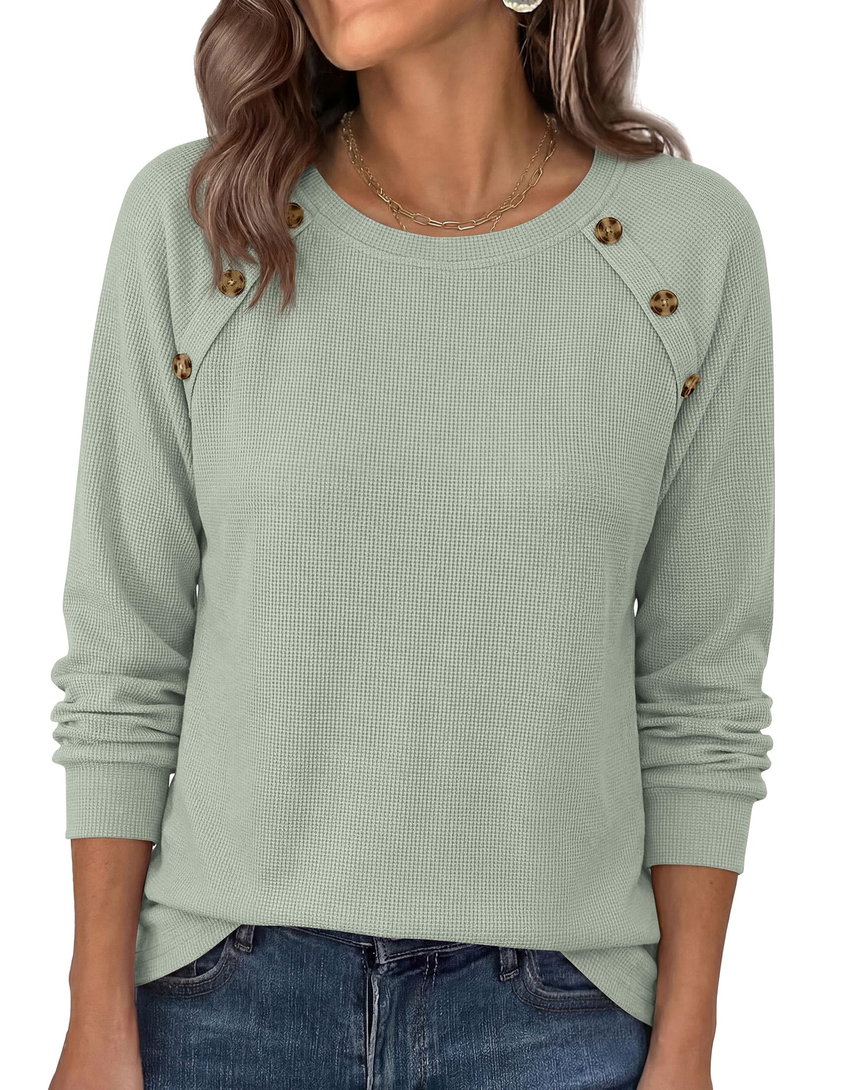 Fall Long Sleeve Waffle Knit Shirts for Women Loose Tunic Tops