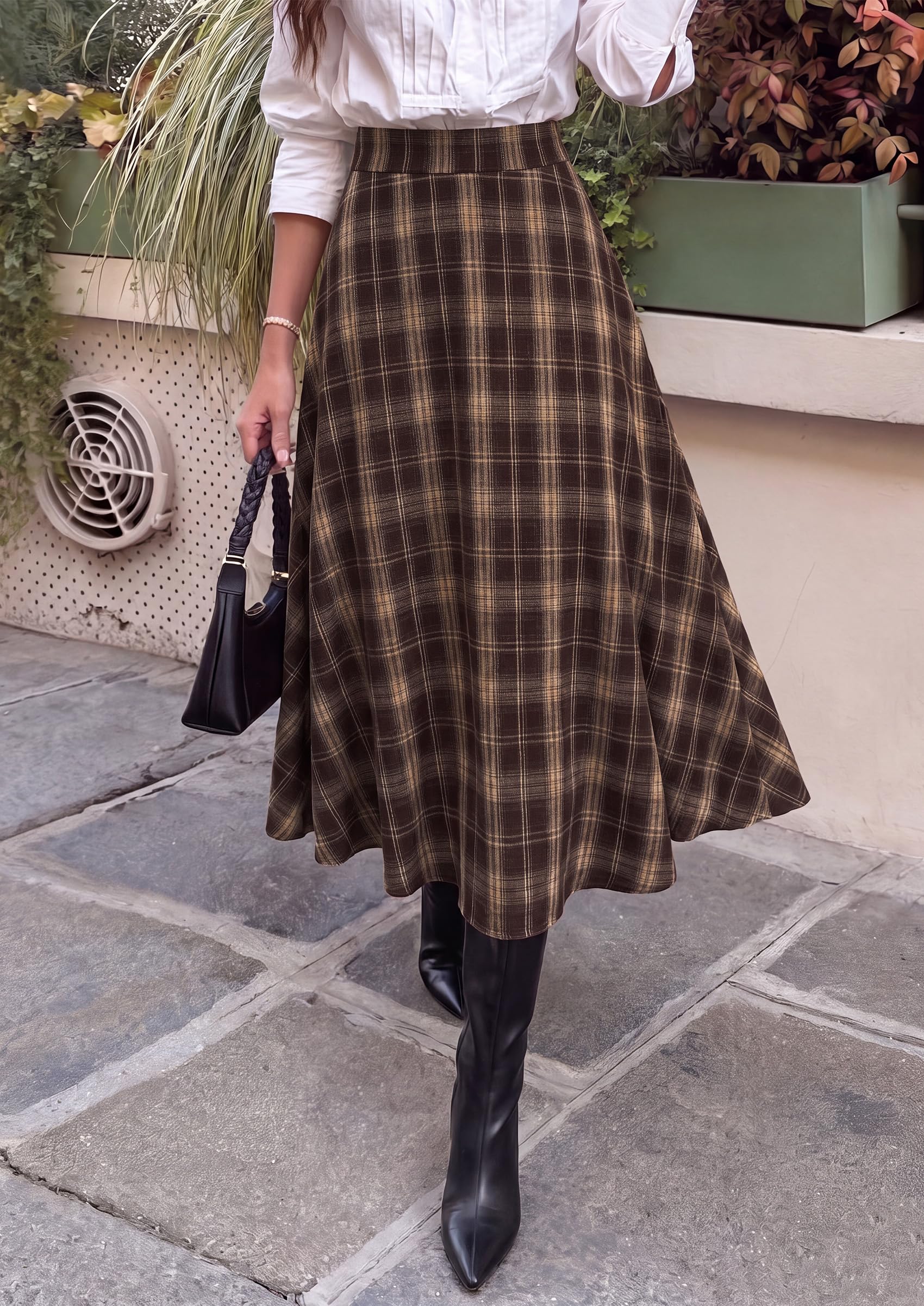 Women's Plaid High Waisted A-Line Midi Skirts,Brown,L