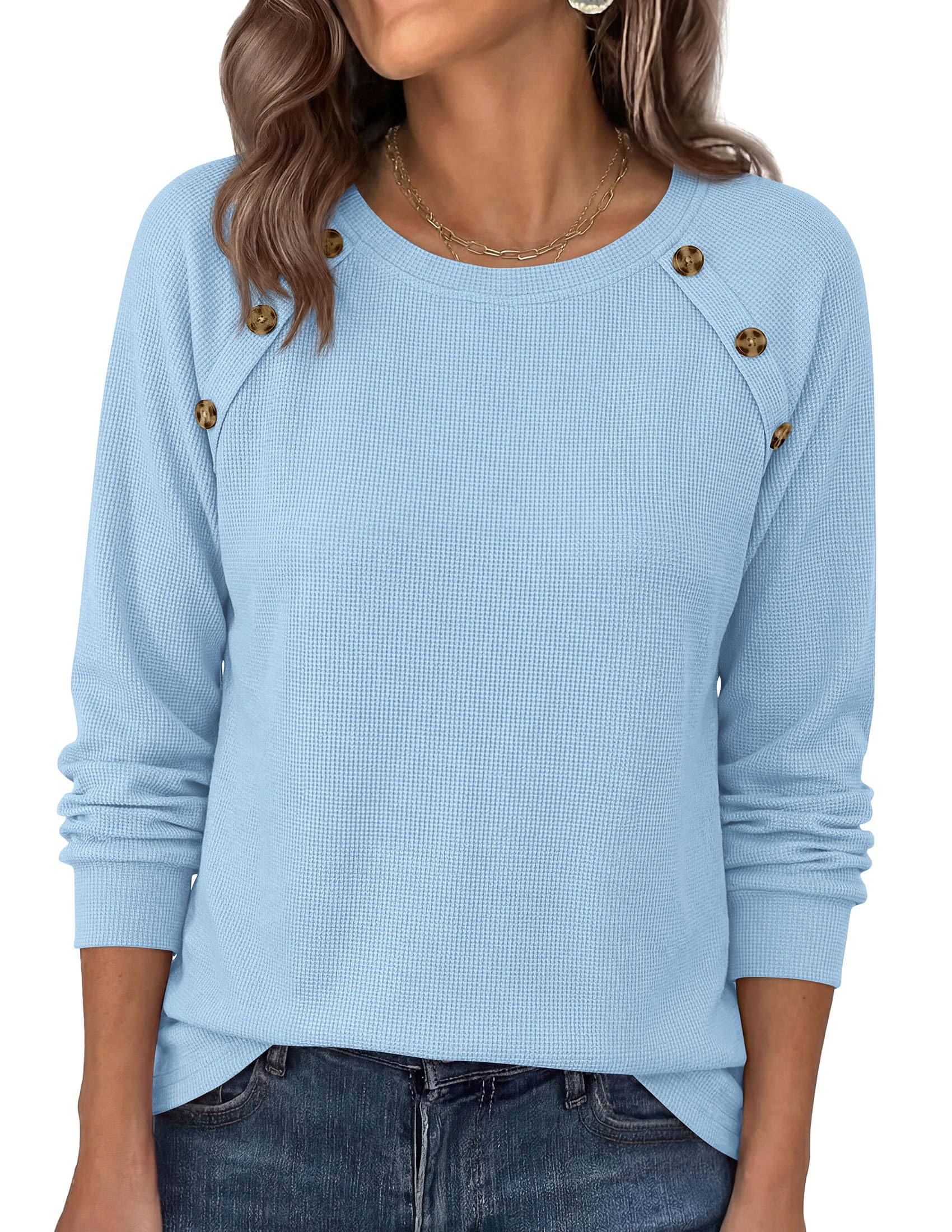 Fall Long Sleeve Waffle Knit Shirts for Women Loose Tunic Tops