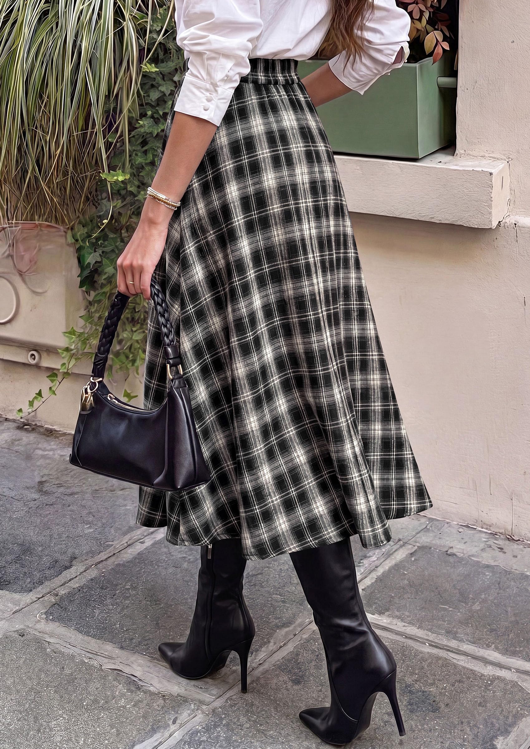 Women's Plaid High Waisted A-Line Midi Skirts,Black,M
