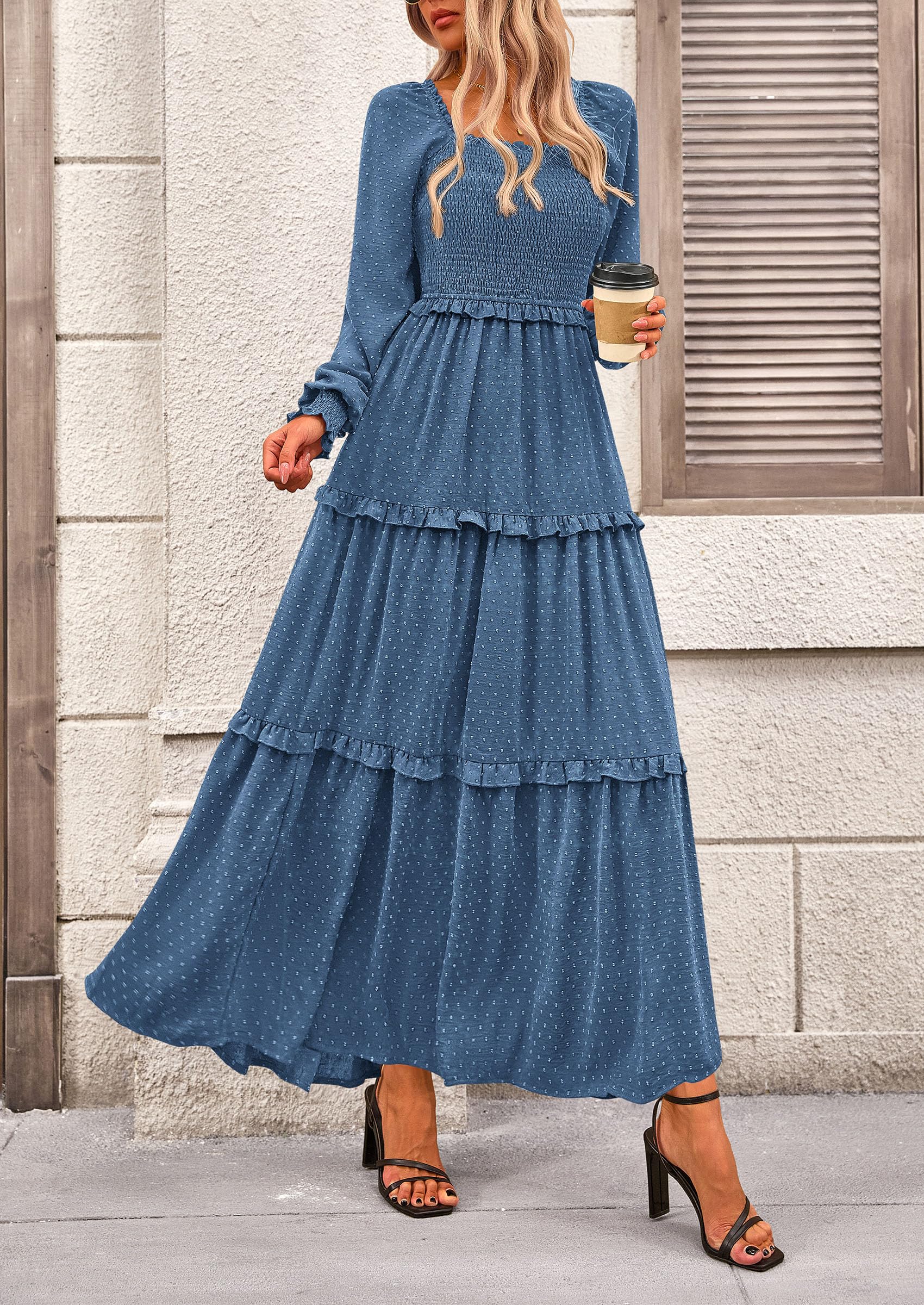 Women's Smocked Long Sleeve Maxi Dress Wedding Guest Dresses