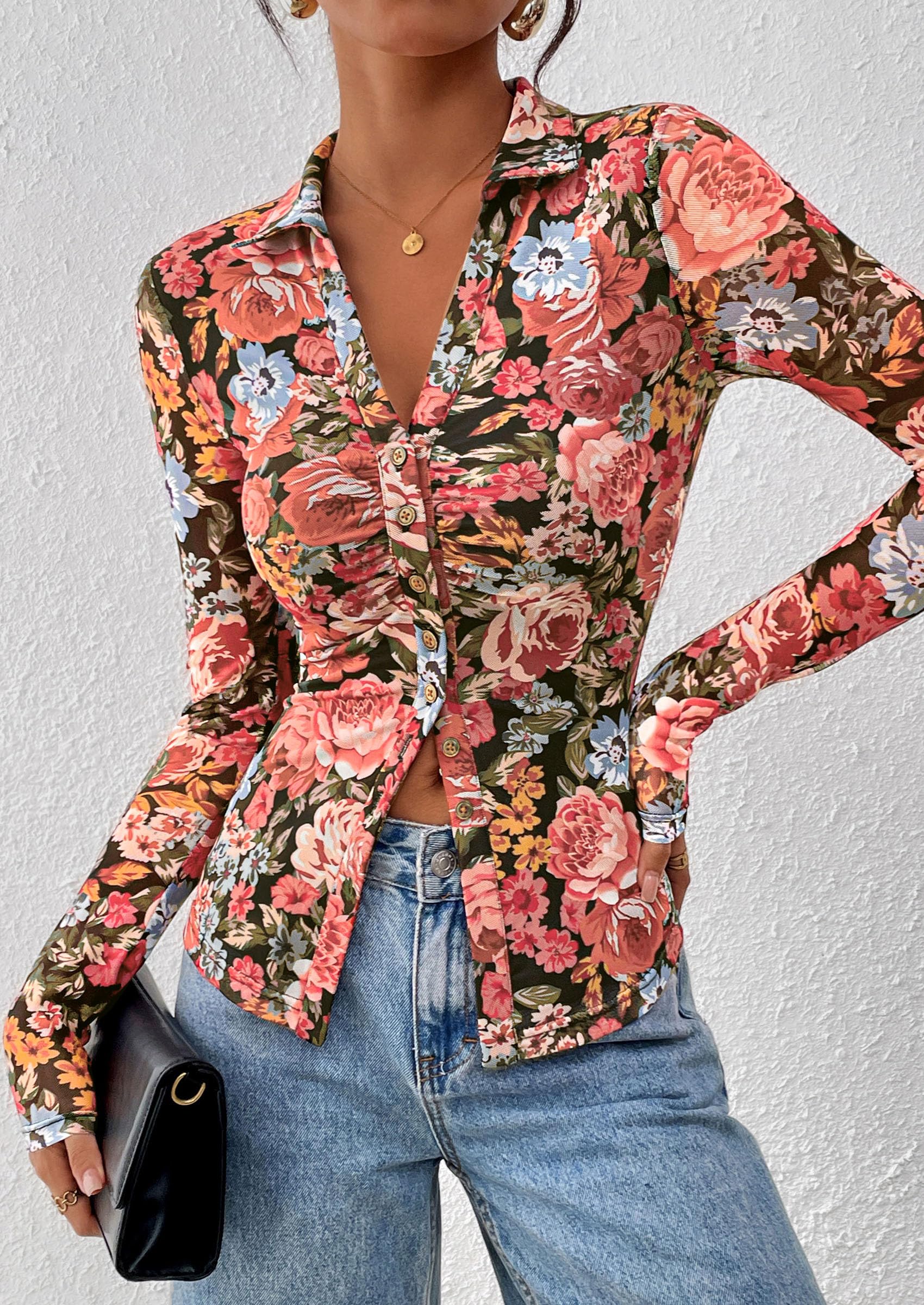Women's Button Down Shirts Boho Mesh Floral Going Out Tops