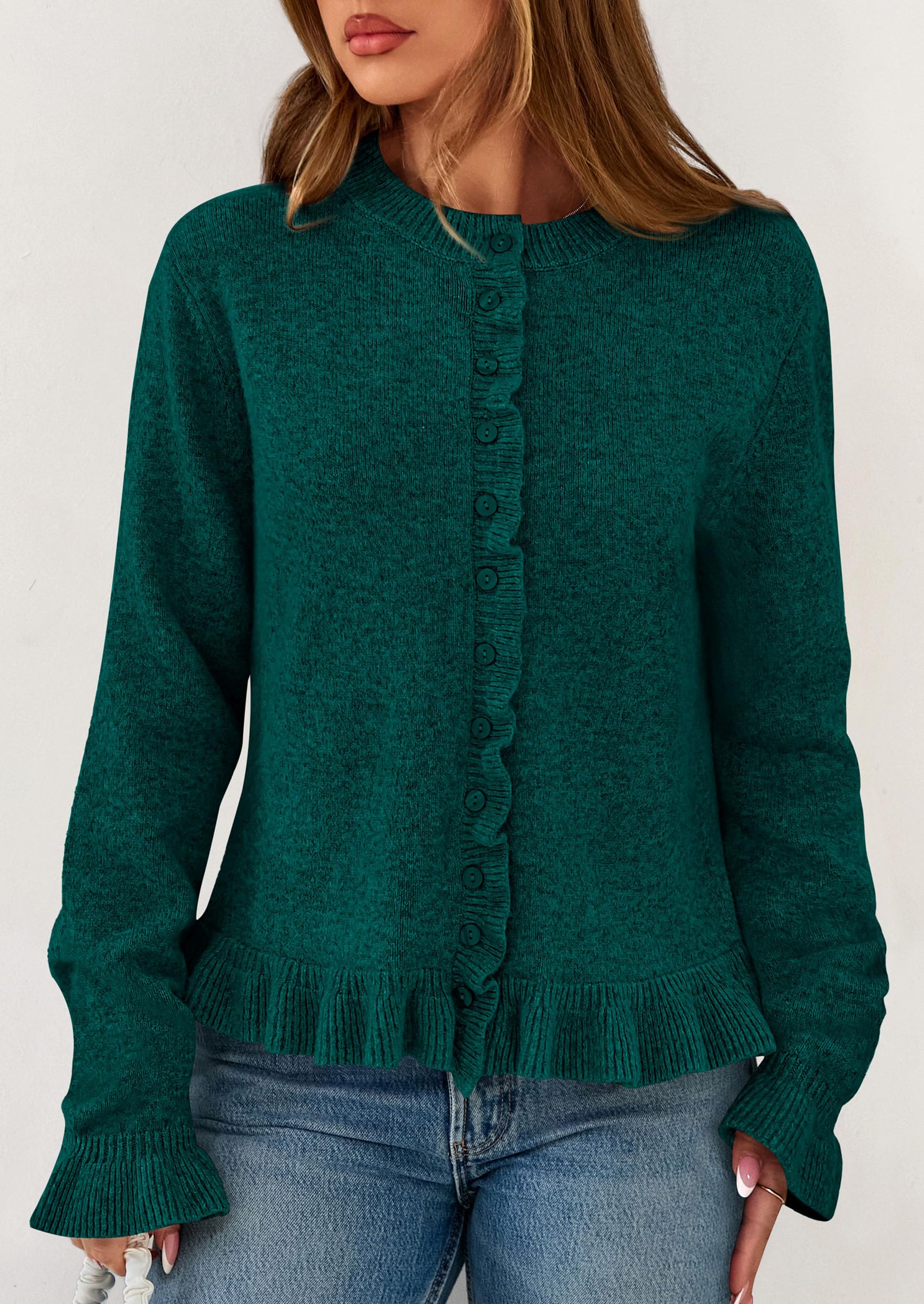 Womens Ruffle Button Down Cardigan Sweaters,Dark Green,S